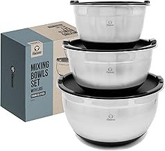 Chef Pomodoro Mixing Bowls with Lids, Stainless Steel Bowl Set, Non-Slip Silicone Base, Mixing Bowl Set - 3 Piece (1.5 Qt, 3 Qt, 5 Qt), Bowls for Kitchen Storage, Cooking, Baking, Prepping (Black)