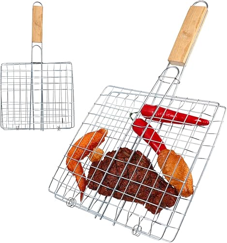 Abrazadera de parrilla de barbacoa de acero inoxidable, red duradera para carne de pescado, herramienta portátil para barbacoa para cocinar al aire