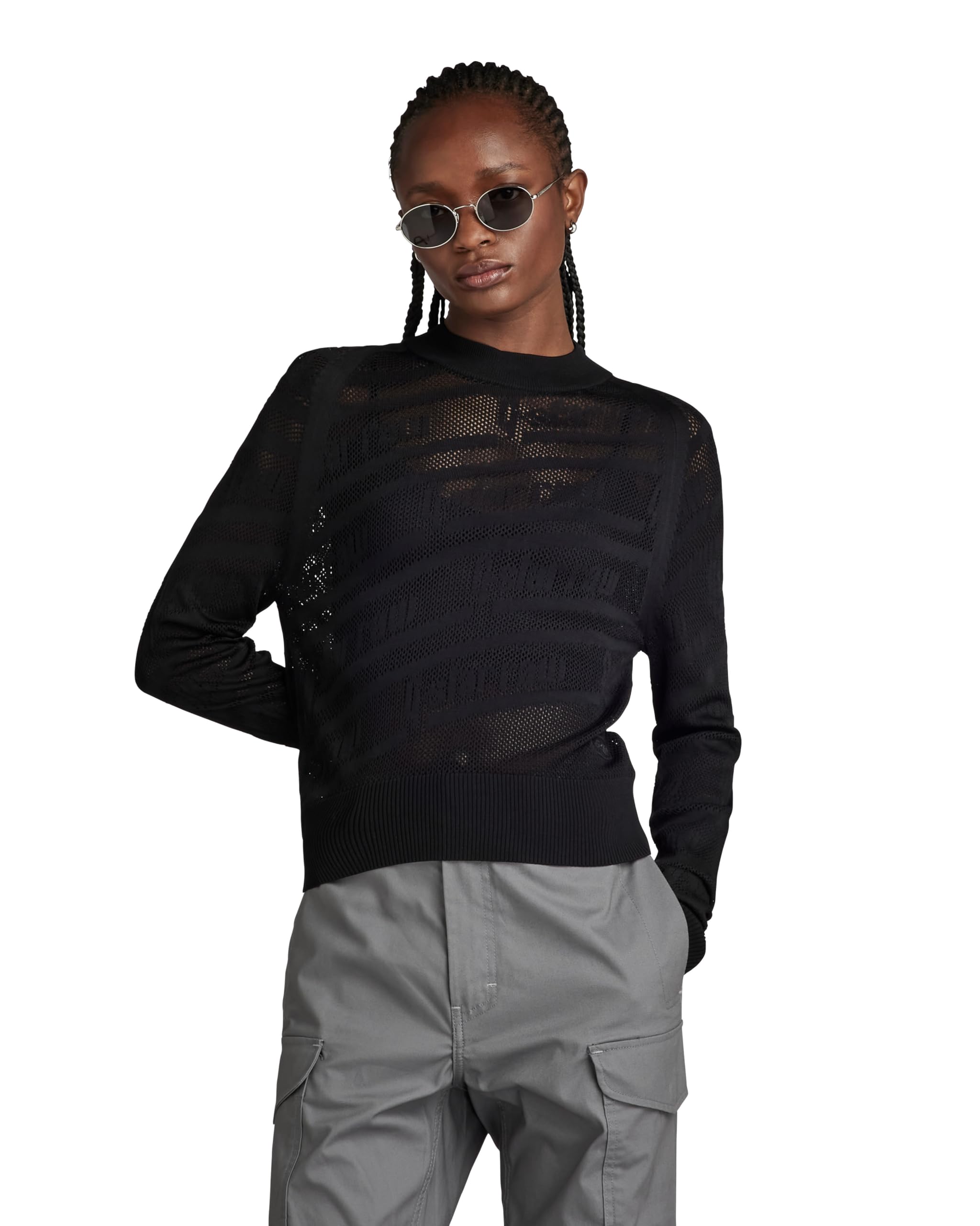 G-Star Women's Black (Dk Black D23924-B754-6484) Pointelle Text Knitted Sweater, M