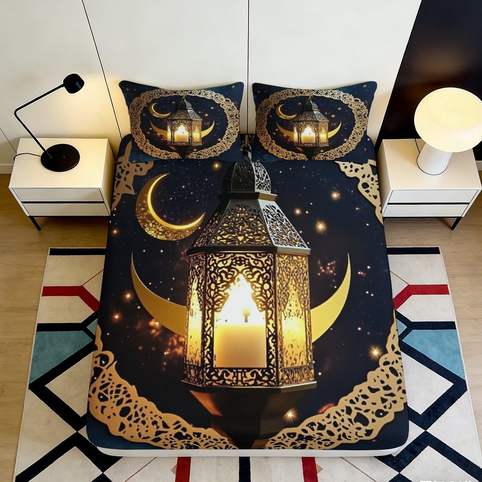 3D Printed Golden Lantern Fitted Sheet Microfiber Soft Breathable Crescent Moon Bed Cover for Bedroom Dorm Decor 90x200x25cm