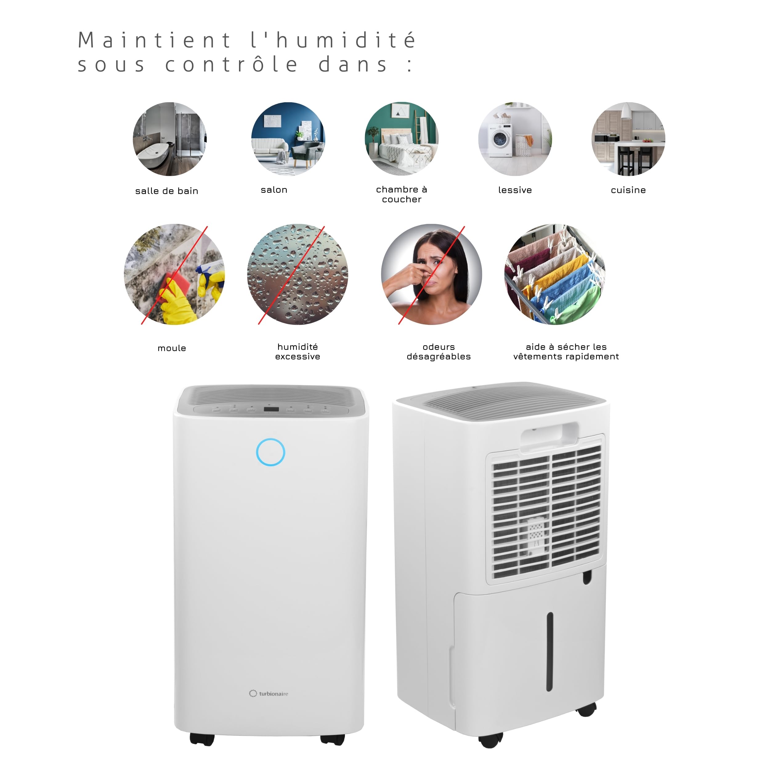 Turbionaire Senso 13 WiFi – Déshumidificateur et Purificateur d’Air 2-en-1, 13 L/Jour, WiFi, HEPA + Charbon Actif, Silencieux, Jusqu’à 30 m², Séchage Vêtements, Anti-Moisissure, Anti-Condensation