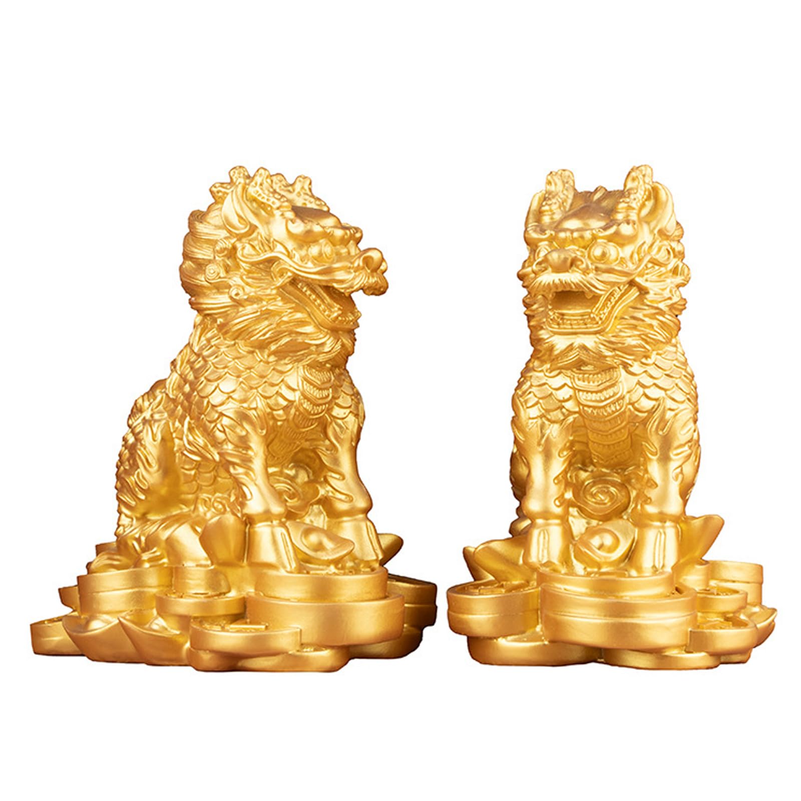Wxmyozr Gold A Pair Of Feng Shui Chi-Lin/Kylin Statues, Resin Kirin Chinese Unicorn Wealth Prosperity Figurine For Home Office Decoration Attract Wealth And Good Luck,,7.5Cm