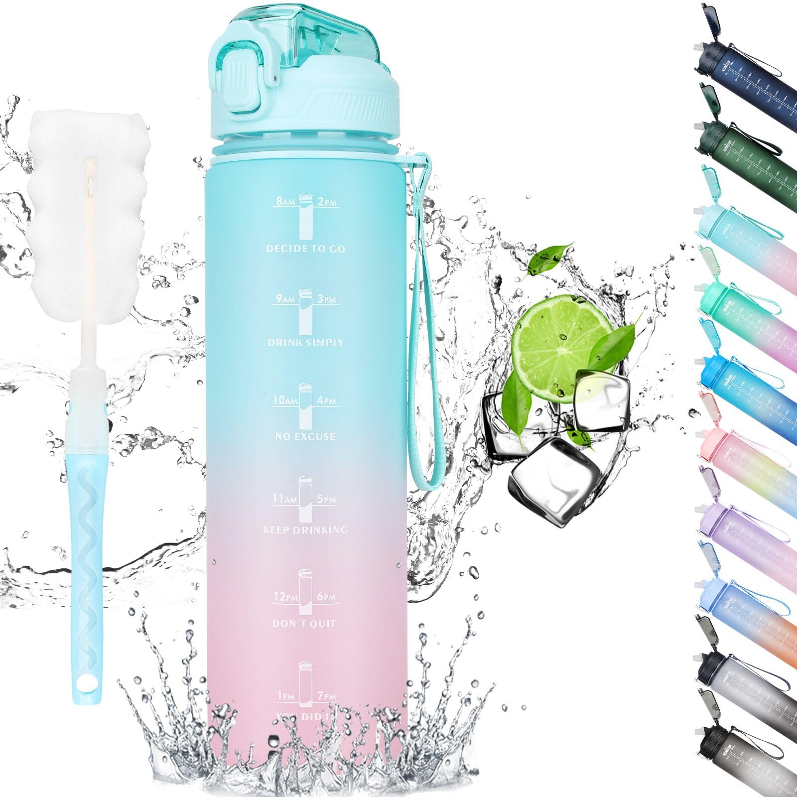 CodiCile Borraccia sportiva da 1 l, con cannuccia e tacche orarie, verde e rosa