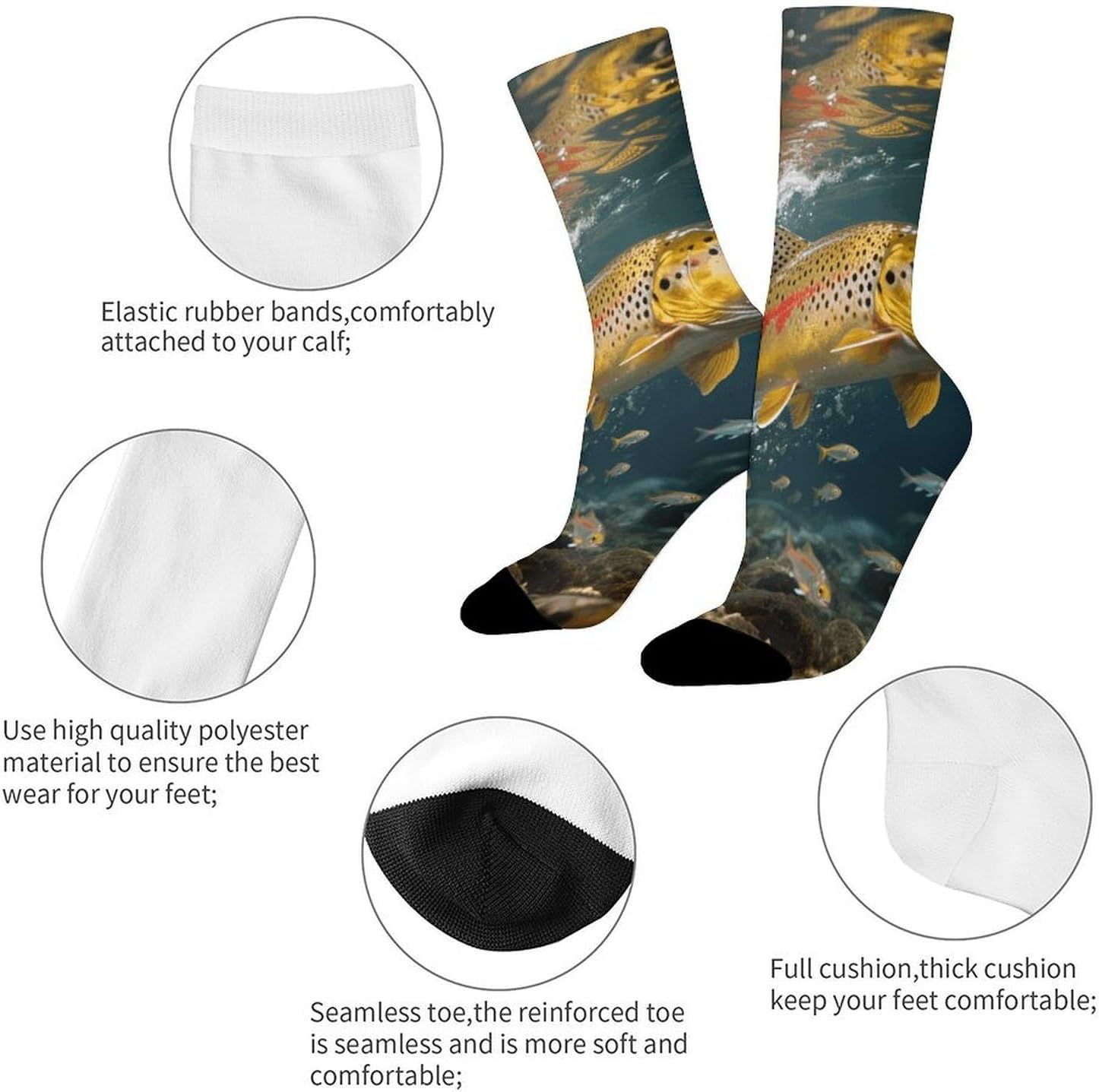 Trout in The Water Crew Socks Moisture Wicking Ankle High Cushioned Arch Support Seamless Toe Athletic & Casual