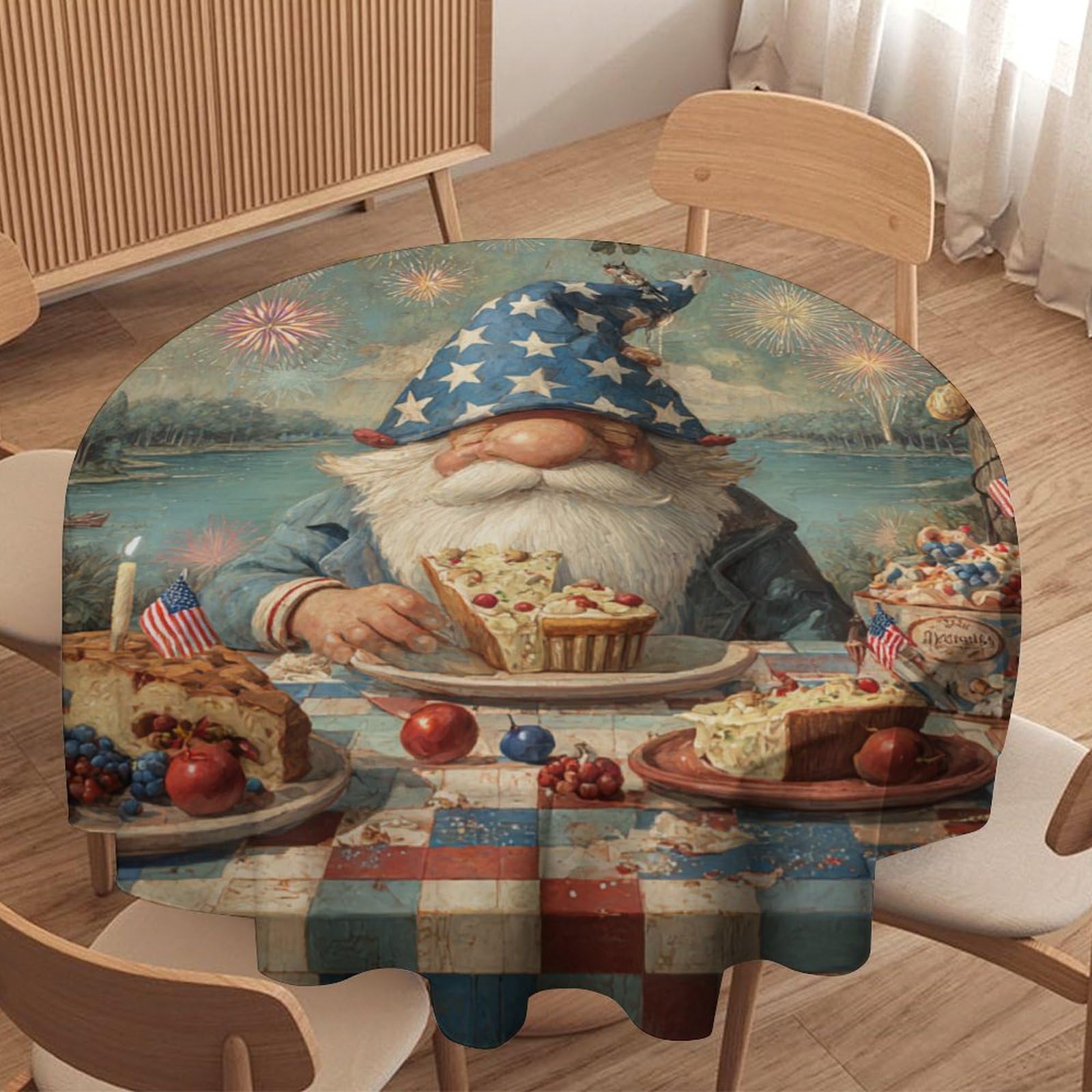 LUYYSKY Colorful Anime Funny Gnome Round Tablecloth Rustic Aesthetic Patriotic American Flag Pattern Washable Decor for Table Cover for Kitchen-177.8" Wx177.8 L cm
