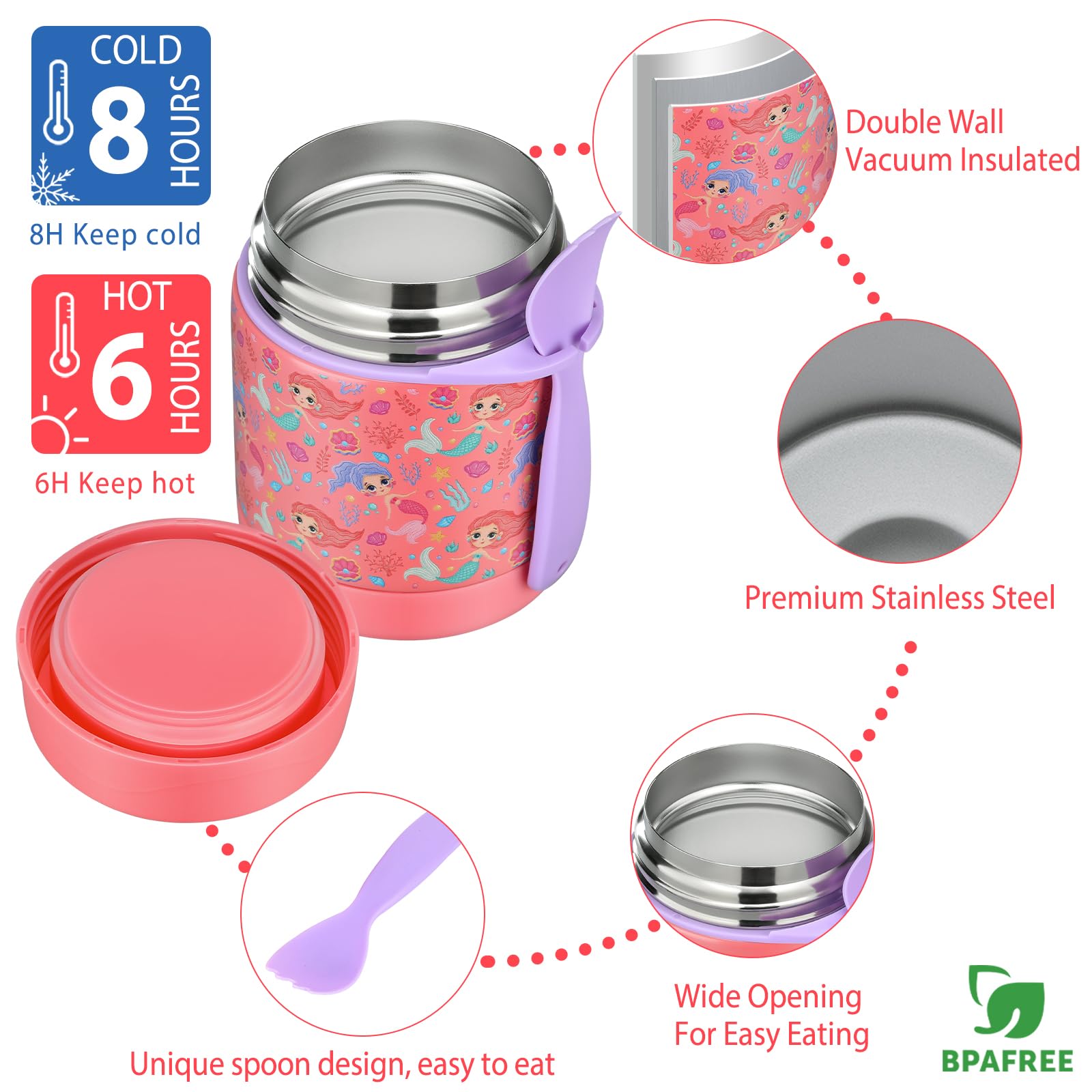 Szczelne izolowane pudełko na lunch Bento dla dzieci z termosem do zupy 295 ml, izolowana torba na lunch, 4-komorowy pojemnik na lunch i termos słoik na żywność dla dzieci do szkoły, bez BPA, materiały bezpieczne dla żywności (syrenka)