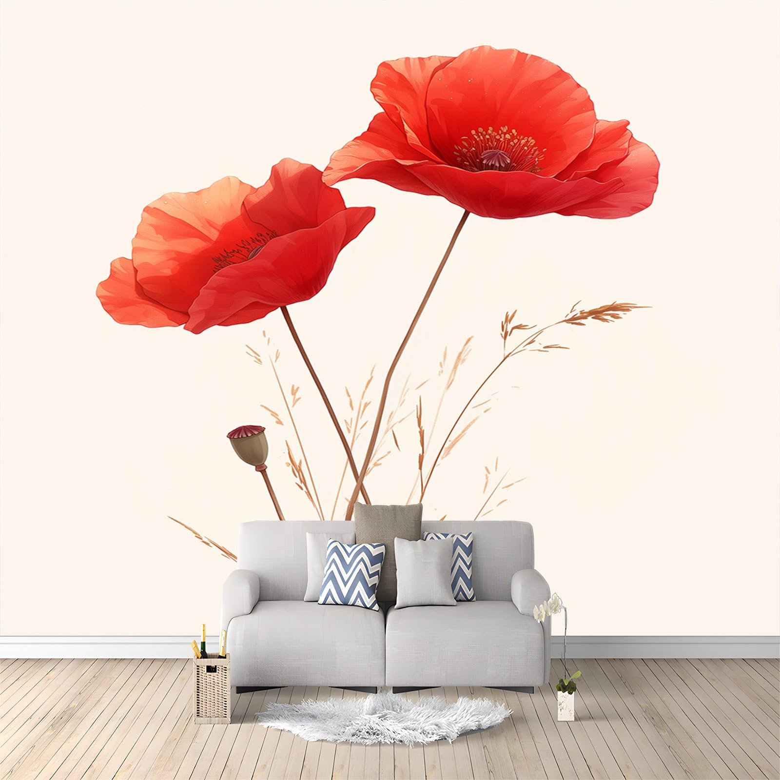 Two Poppies Floral Pattern Photo Wallpaper - 300 x 210 cm Non-Woven Premium Fleece Wall Mural - Modern Art Print Bedroom Living Room Decoration Poster