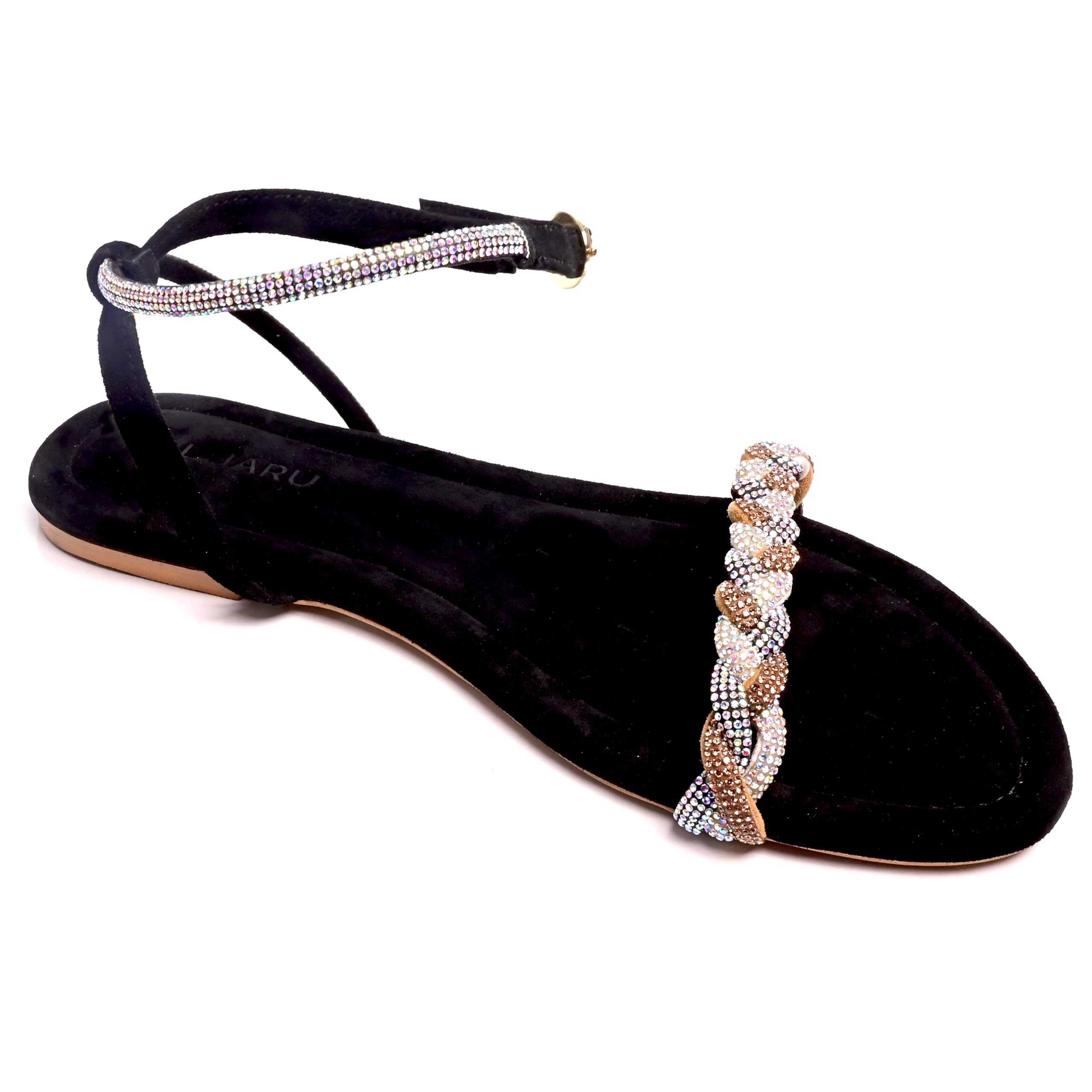 Open Toe Black flats Sandle for women with Buckles|Fancy, Stylish, Comfortable & Trendy Leather Flats with Cushioned Insole,Slip-Resistant & Gold-Stoned Flat Mules|Footwear for wedding(UK 6)-image-25