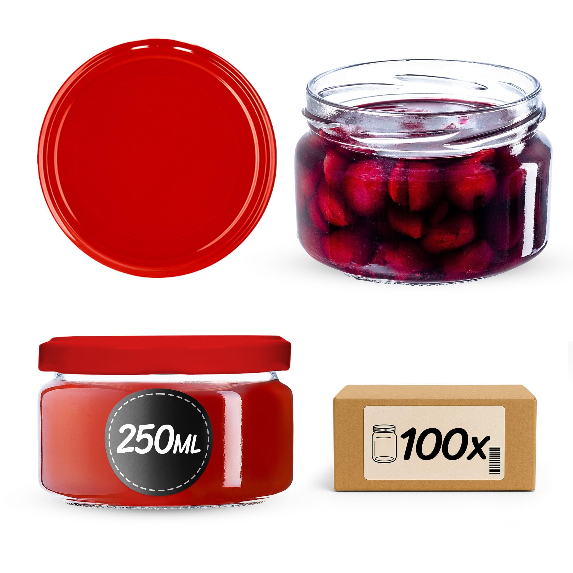 KADAX Małe słoiki na przetwory 250 ml, słoiki na dżem z pokrywką, hermetyczne słoiki na prezent, mini szklanki na miód i przyprawy (100 sztuk, czerwone)