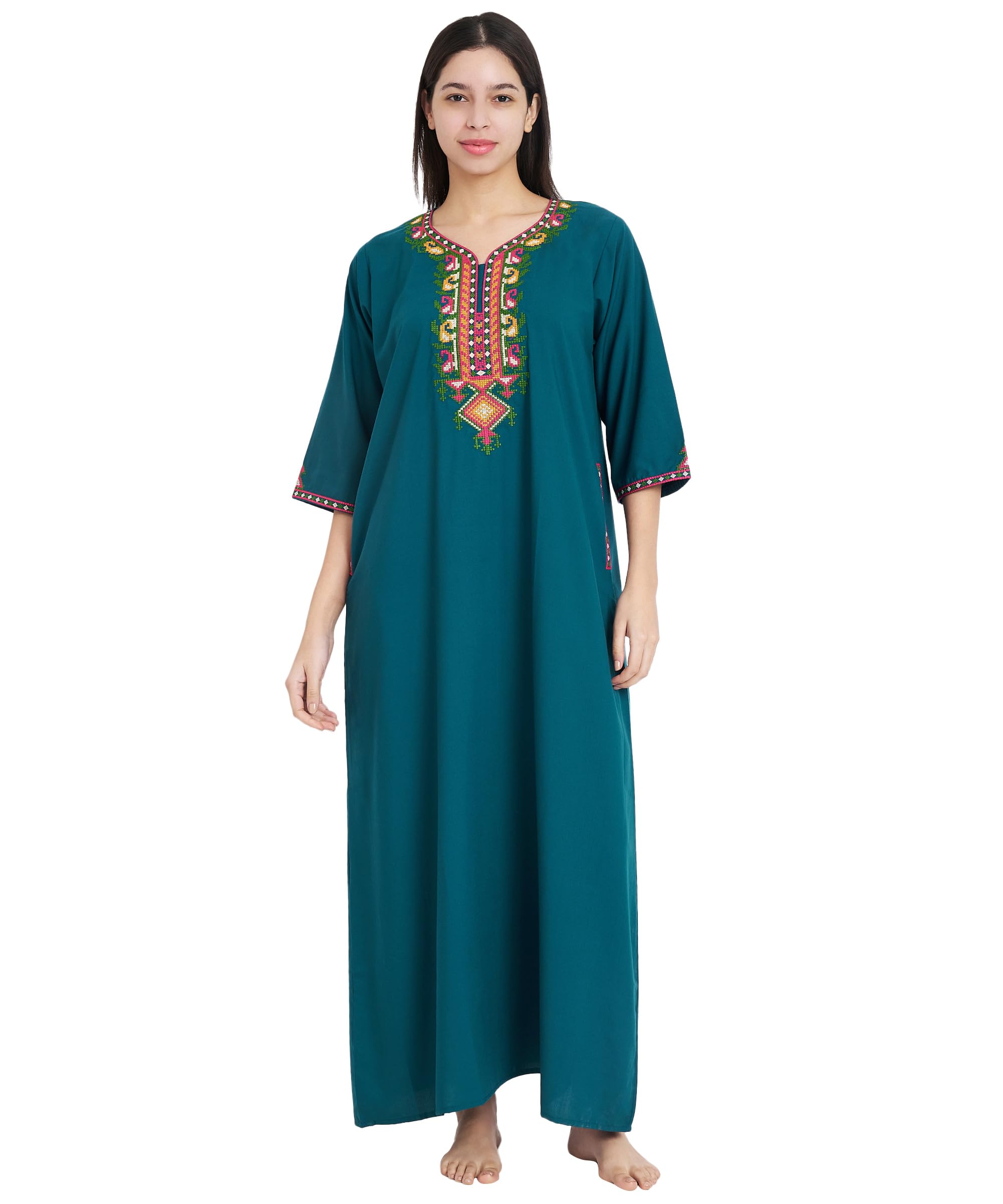 Women Premium Embroidered Cross Work Full Sleeve Night Gown - Soft, Breathable Lissybissy Cotton Fabric with Side Pocket, Peacock Blue | Elegant, Comfortable, Made in India-image-11