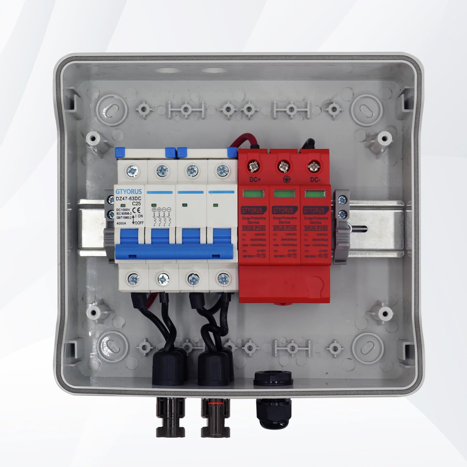 Boitier de Jonction Photovoltaïque Solaire, IP65 Protection Contre Les Surtensions DC Photovoltaïques, 1 String 1000V PV DC Disjoncteur avec Fiche Solaire(1 in 1 out, 25A)