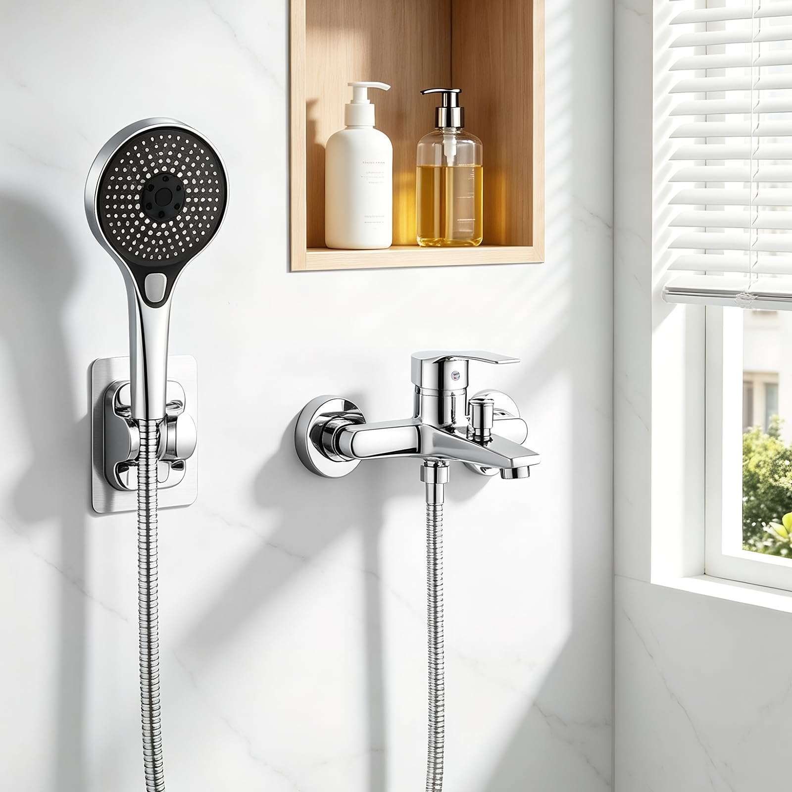 Grifo de bañera con ducha de mano, Grifo Ducha Monomando Mezclador Ducha Montado en La Pared, grifo de ducha de latón Juego de Grifo para Bañera Incluye Soporte de Pared y Manguera de Ducha de 150cm