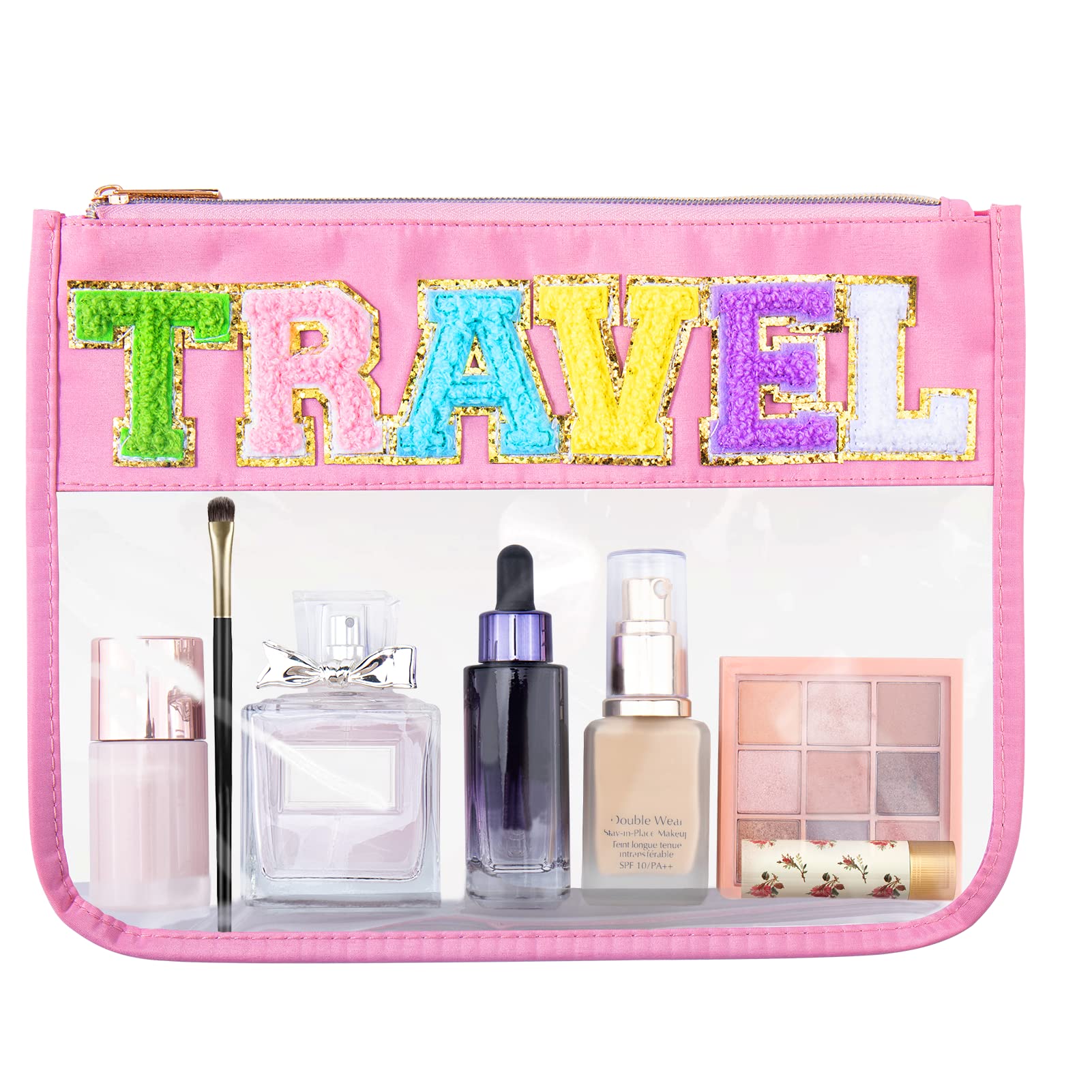 BABORUIChenille Letter Bag, TSA Approved Toiletry Bag Clear Travel Makeup Bag, Pink Snacks Cosmetic Bag for Women Girls