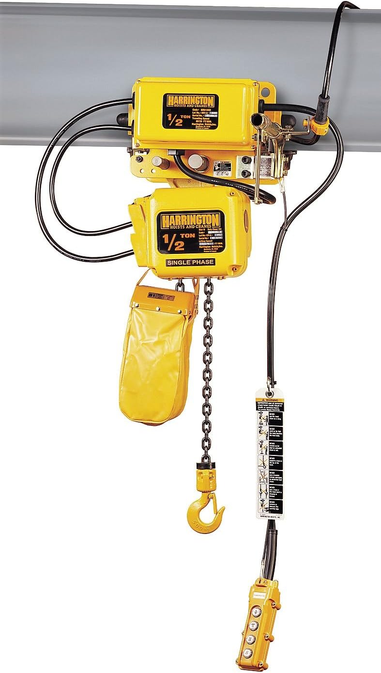 Harrington SNERM030C-L-20 Series SNER Single Phase Electrical Hook Mount Chain Hoist with Motorized Trolley, Single Common Speed, 40 fpm Low Traversing Speed, 3 Tons Capacity, 20' Lift