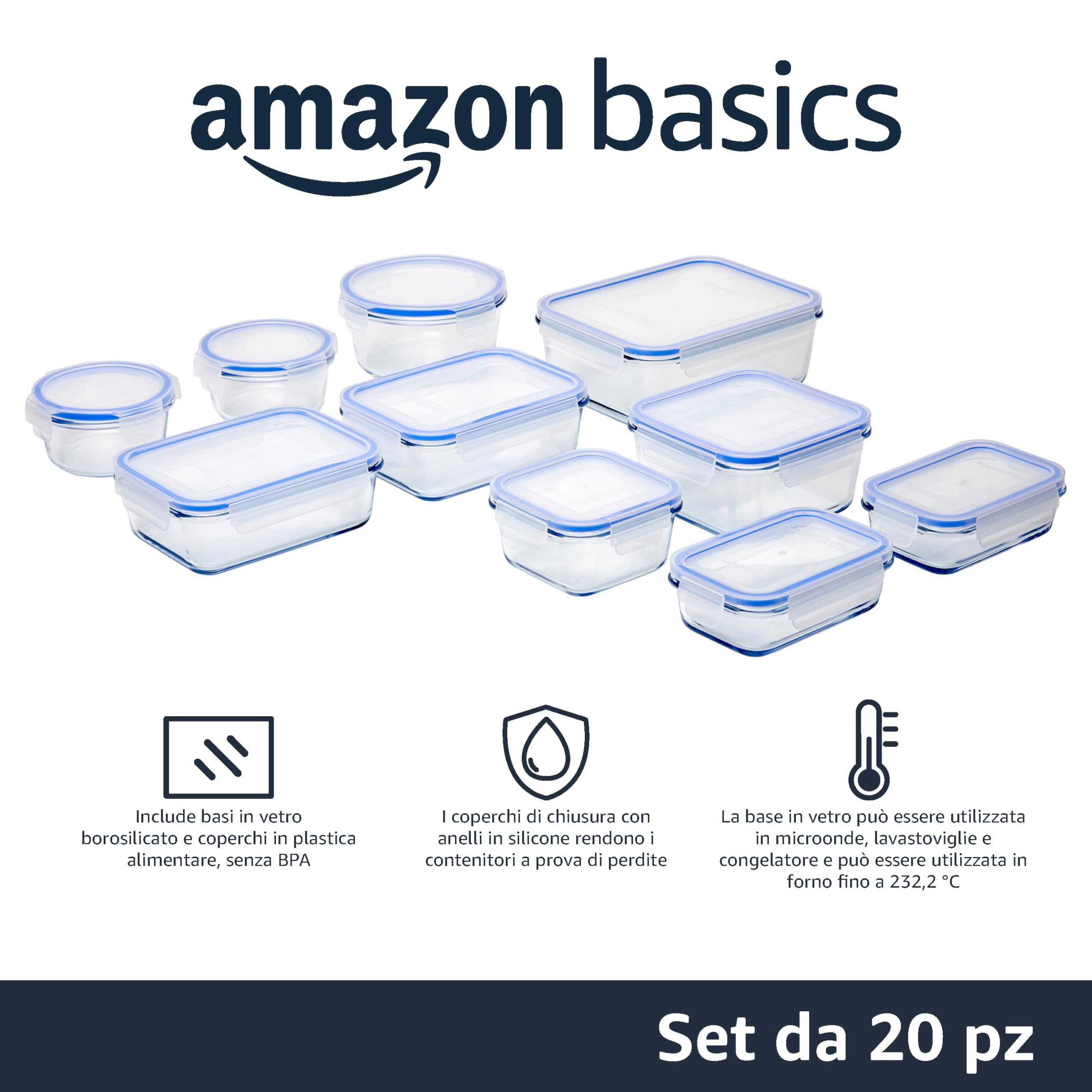 Amazon Basics Contenitori per Alimenti in Vetro Ermetici, Coperchi con Linguette di Chiusura, Set da 20 Pezzi, con 10 Contenitori e 10 Coperchi in Plastica, Trasparenti, Blu, Senza BPA