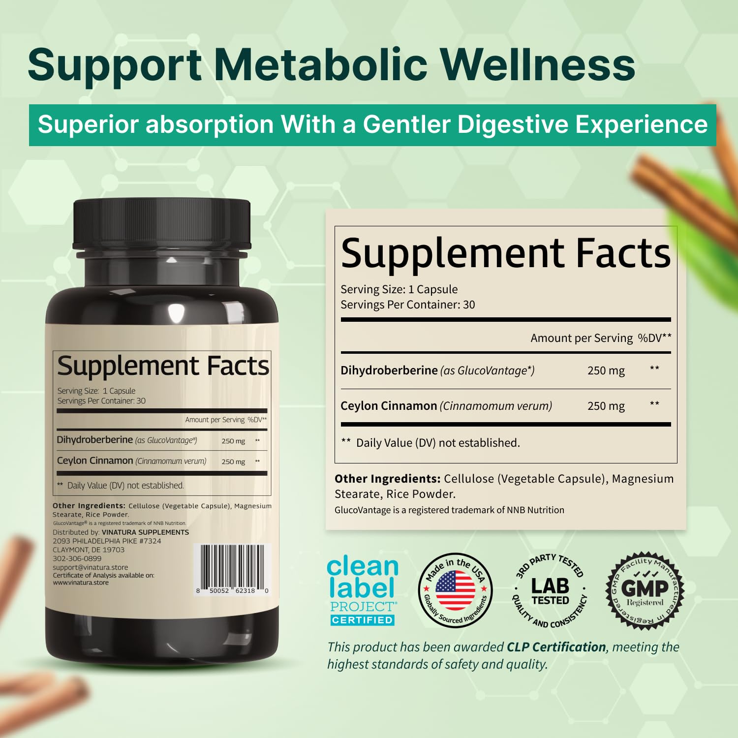 VINATURA Dihydroberberine Supplement with Ceylon Cinnamon, 500mg - (Patented GlucoVantage Super Berberine), Maybe Berberine 5X More absorbable - 30 Capsules — Amazon image 3