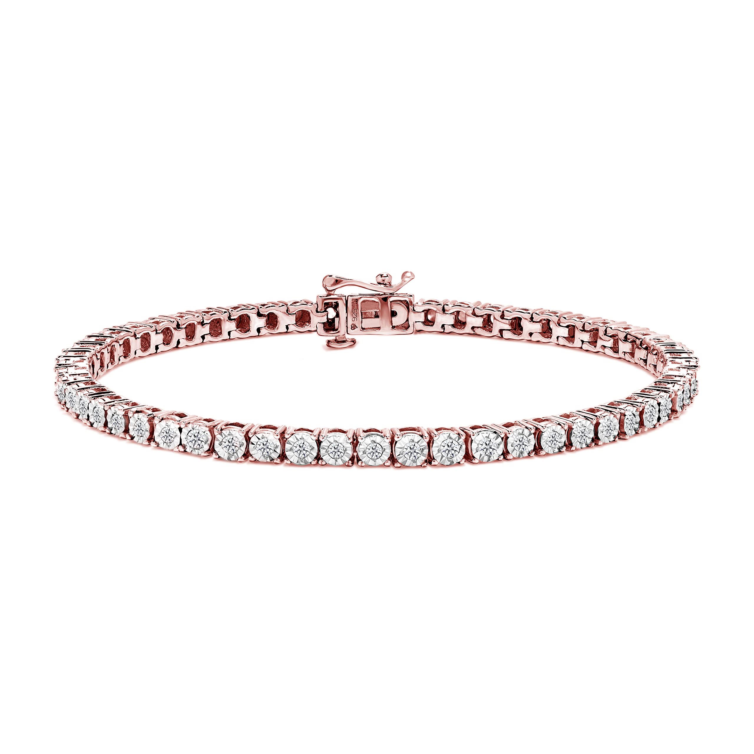 Original Classics 10K Rose Gold Plated .925 Sterling Silver 1.0 Cttw Miracle Set Diamond Round Faceted Bezel Tennis Bracelet (I-J Color, I3 Clarity) - 7"