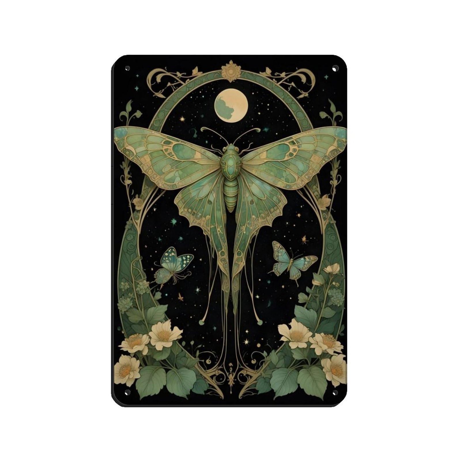 Art Nouveau Green Moth, Vintage Retro Art Retro Poster Metal Tin Sign Chic Art Retro Iron Painting Bar People Cave Cafe Family Garage Poster Wall Decoration 8x12inch(20x30cm)