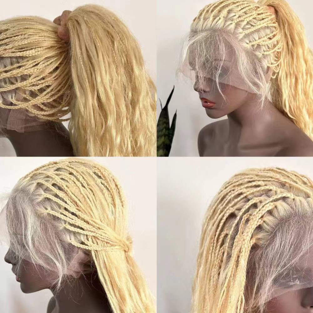 FlowerSeason Human hair #613 Color Boho Box Braids Wig 100% Human Hair BLonde Braided Wig Full Lace Long Square Parted Knotless Pre Pluched With Baby Hair Braided Wigs 26 Inch