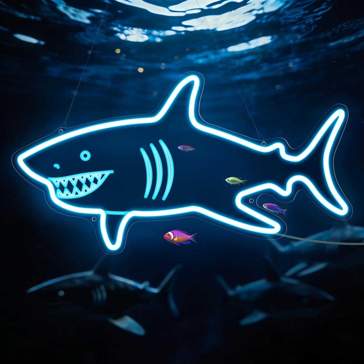 Motion Sensor Shark Neon Sign, Ice Blue LED Neon Light Sign with 3-Mode Dimmable, Acrylic Backboard Shark Decor for Bedroom - Neon Wall Sign & Tabletop Shark Room Decor (17x9 Inches)