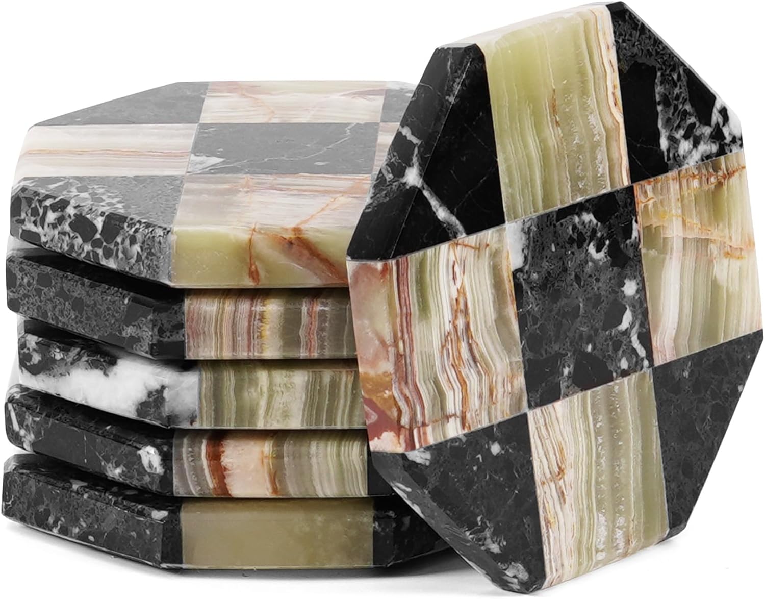 Marble Coasters Set of 6, White & Green Onyx Handmade 4 inch Stone Star Coasters, Elegant Table Coaster for Drinks, Durable Kitchen Décor & Home Accessories