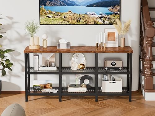 Miniatura 6 de Furologee Soporte de TV, mesa consola pequeña con estantes de almacenamiento de 3 niveles, centro de entretenimiento industrial para televisores de