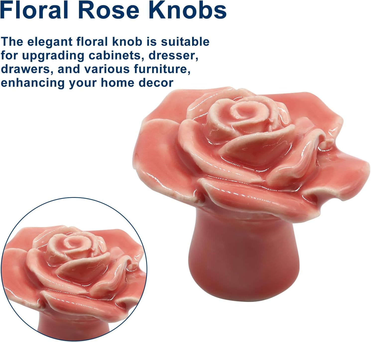 Piutouyar 6 Pcs Rose Flower Drawer Knobs, Pink Ceramic Cabinet Knobs, Vintage Floral Dresser Pull Handles for Kitchen, Cabinet, Drawer, Dresser, Cupboard, Wardrobe Decor