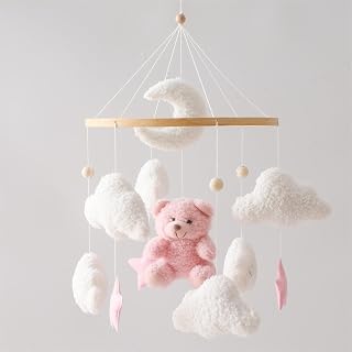 EERKEOD Pink Teddy Bear Crib Mobile - Velvet Nursery Hanging Mobile for Boys Girls, Sensory Bassinet Decor Newborn Gift