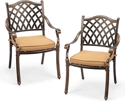 VINGLI Juego de 2 sillas de patio apilables de aluminio fundido para exteriores con acabado de bronce vintage y patrón de diamante, sillones de