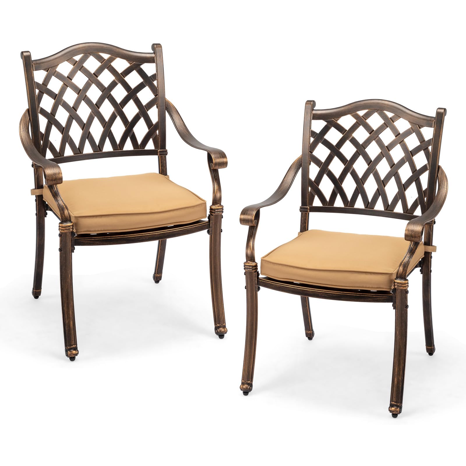 VINGLI Patio Chairs Set of 2 - Stackable Outdoor Cast Aluminum Dining Chairs with Vintage Bronze Finish and Diamond Pattern, Metal Armchairs for