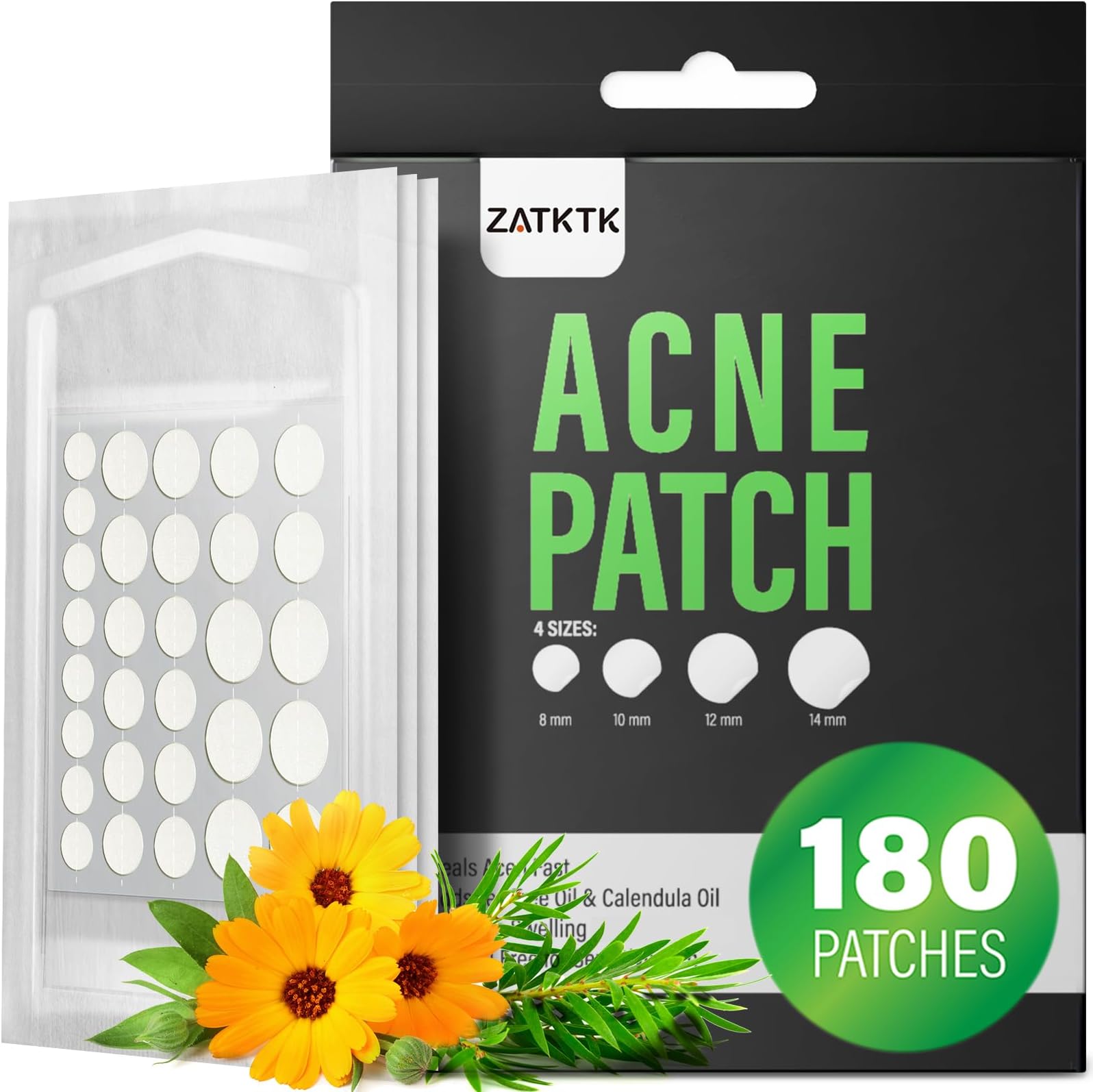 Acne Pimple Patch (180 Counts 4 Sizes), FSA Eligible Invisible Hydrocolloid Acne Patch with Tea Tree Oil & Calendula Oil, Acne Spot Patch Zit Patches for Face
