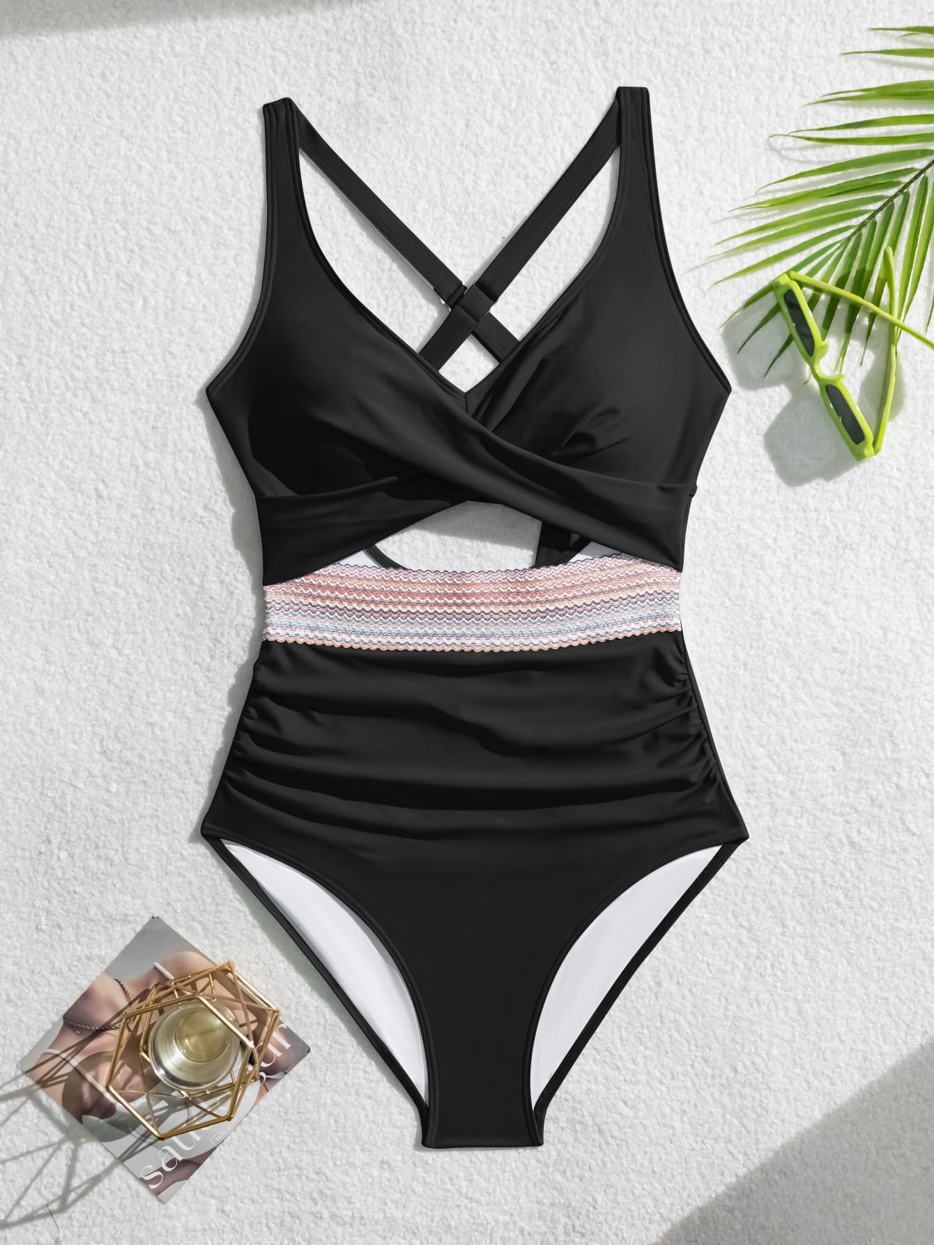B2prity Traje de baño de una pieza para mujer, con control de abdomen, cuello en V, bloque de color, cintura alta, recortado
