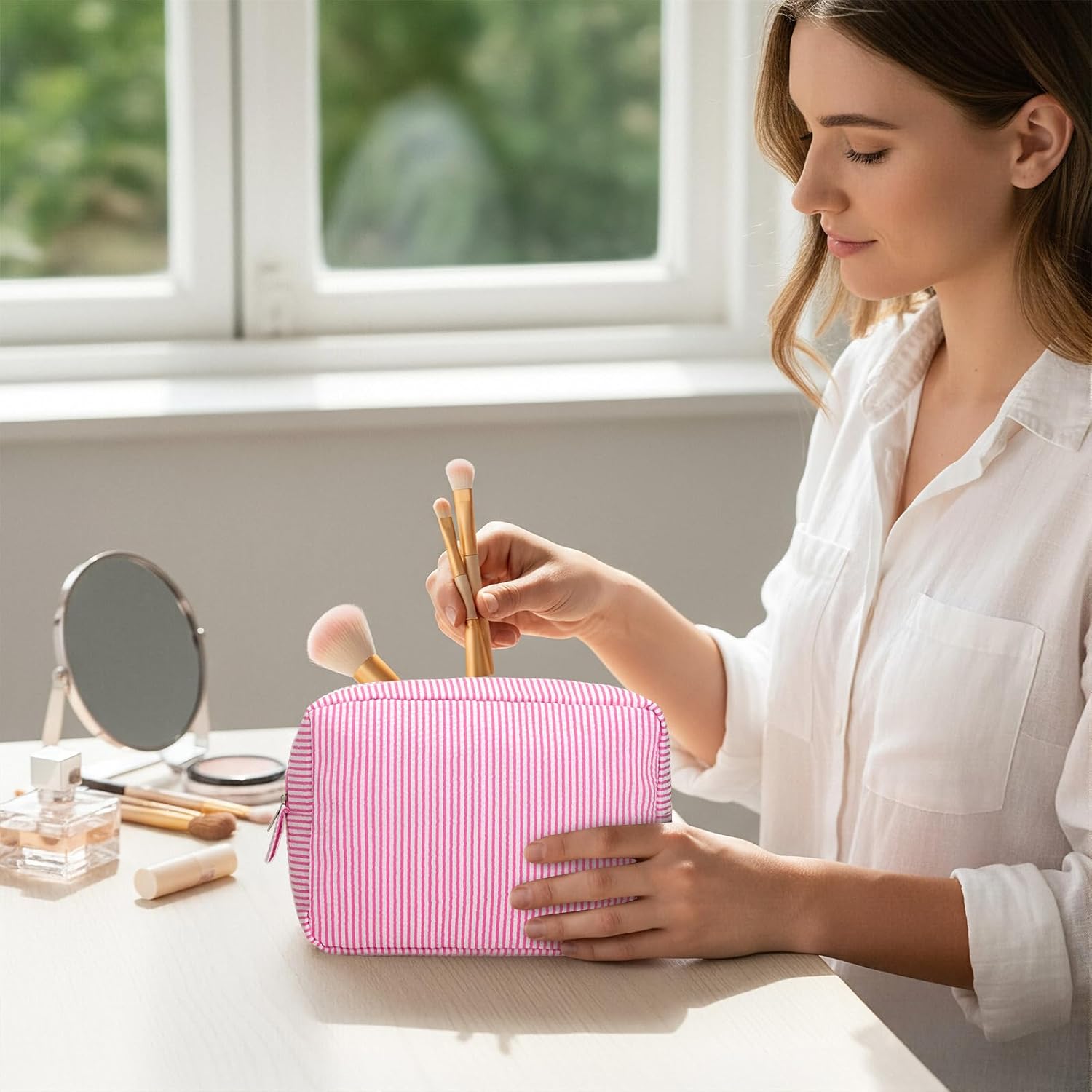 Sanwuta 9 Pcs Seersucker Cosmetic Bag Bulk Pinstripe Makeup Bag for Women Aesthetic Cute Travel Toiletry Organizer Preppy Storage Pouch for Wedding Bridesmaid Christmas Gift (Large, Candy Color) - Image 6