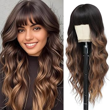 WAVE&BREEZE Long Brown Highlights Blonde Wig with Bangs 26 Inch Wavy Curly Hair for Women Tangle Free Soft Natural Looking Heat Resistant Protein Fiber for Daily Party Use