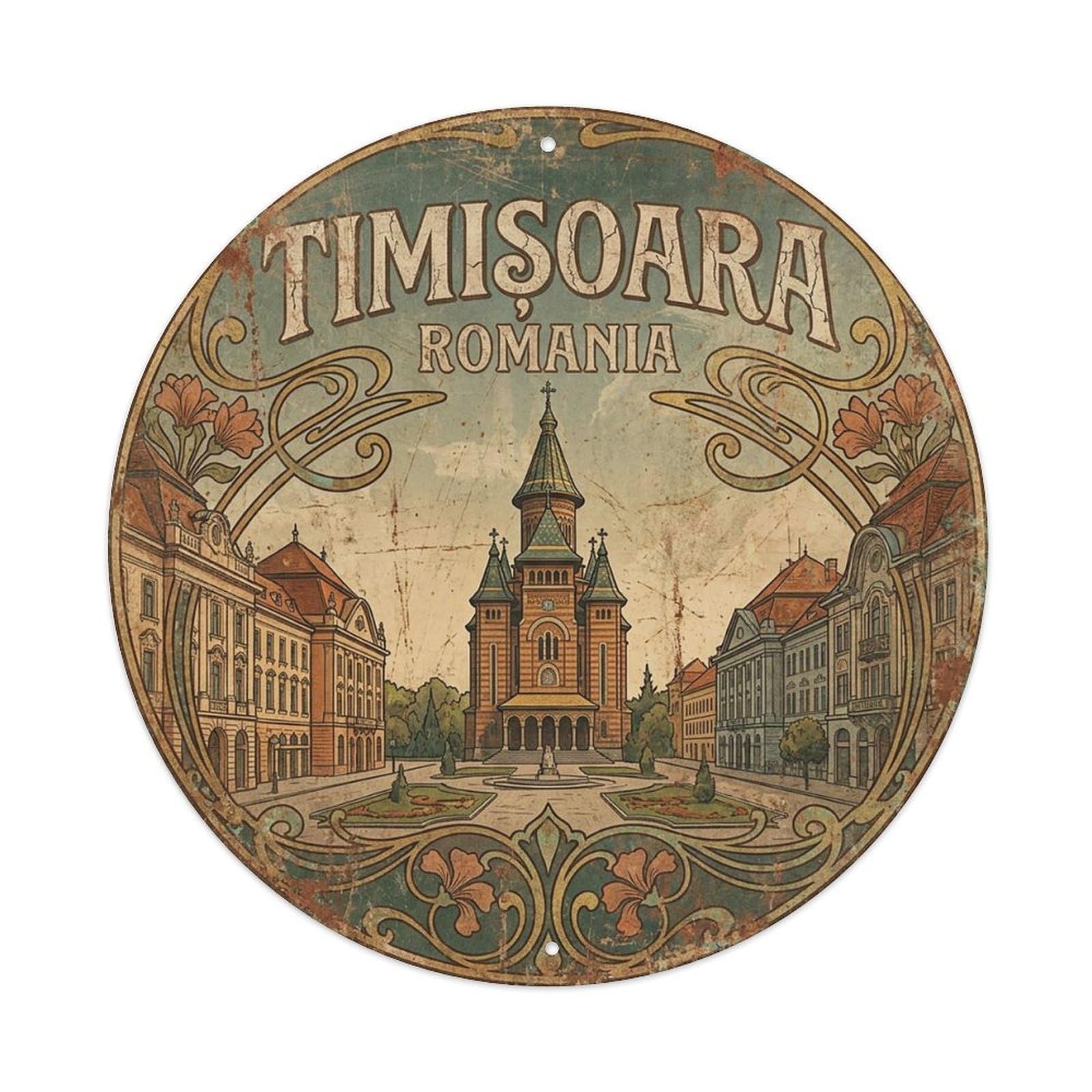 Yrnq 8X8inch Vintage Style Romania Vintage Travel Timisoara Metal Tin Sign
