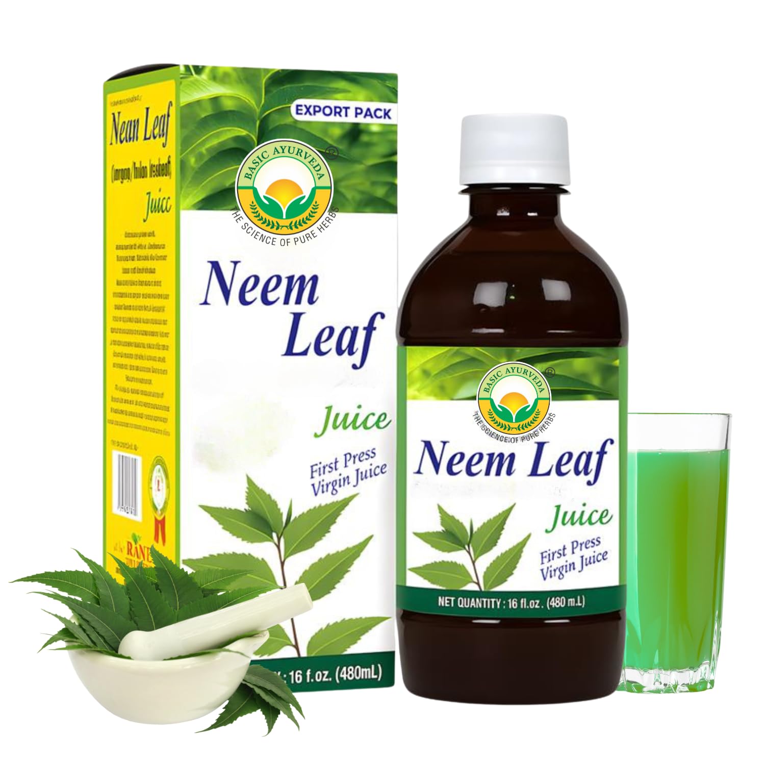 BASIC AYURVEDA Neem Leaf Juice | 16.23 Fl Oz (480ml) | Natural Bitter Herbal Detox Drink | Supports Skin Health, Immunity & Hair Wellness | No Added Sugar | Pure Neem Extract