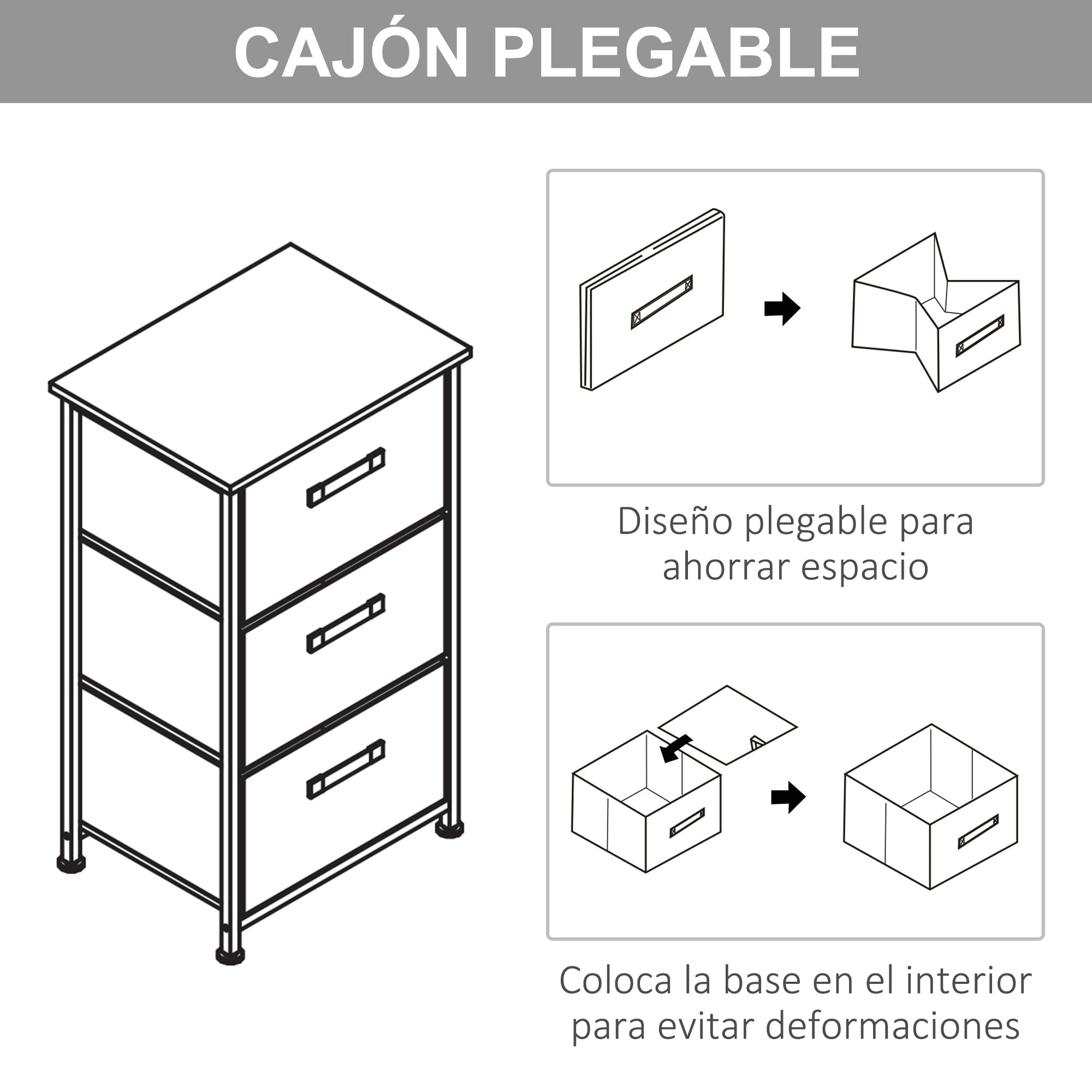 HOMCOM Cómoda con 3 Cajones de Tela, Cómoda para Dormitorio, Marco de Acero, Cajonera para Salón, Oficina, Vestidor, Gris