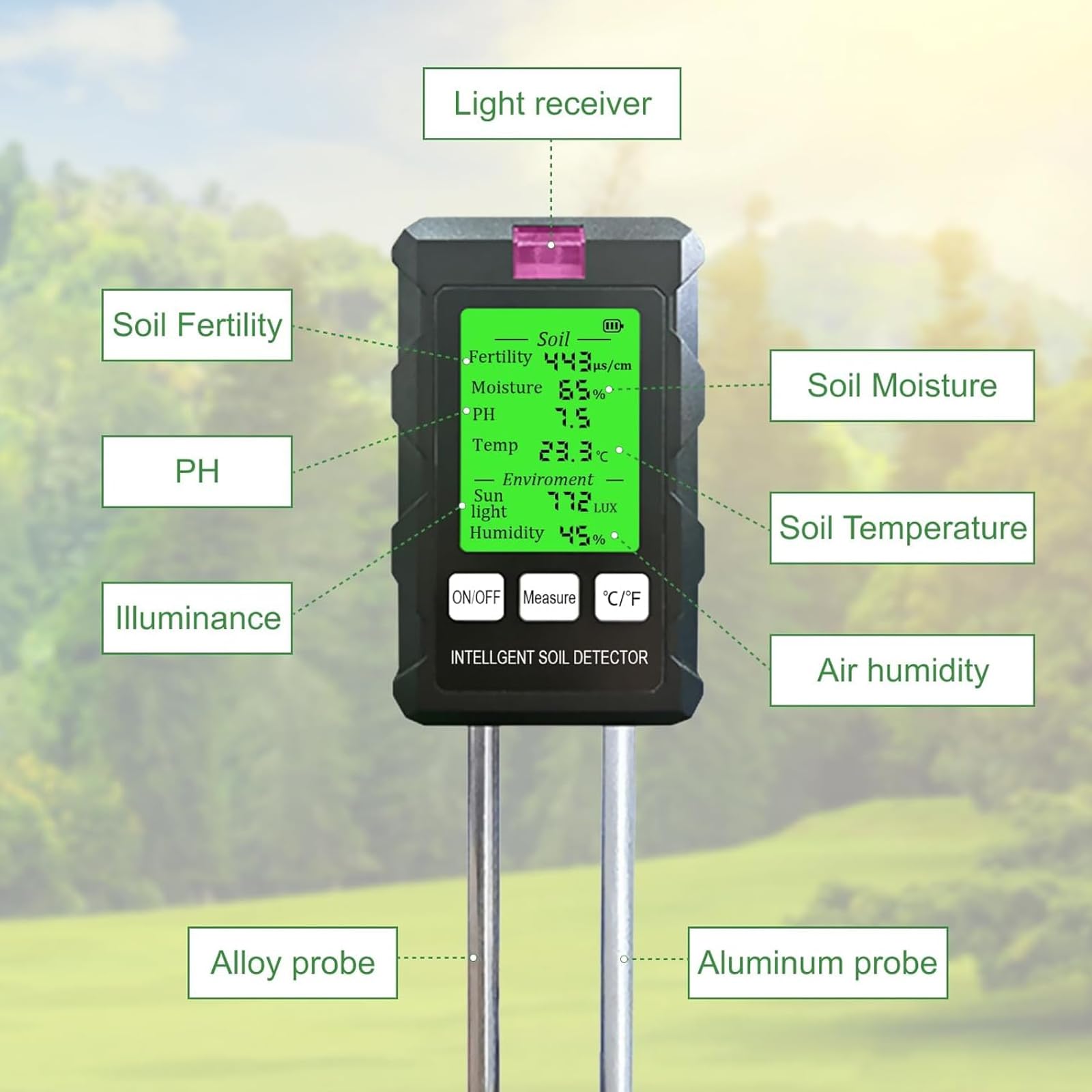 Medidor de humedad del suelo: mide el pH, la humedad, la fertilidad, la temperatura y la intensidad de la luz solar con pantalla LCD retroiluminada para jardinería y plantas al aire libre