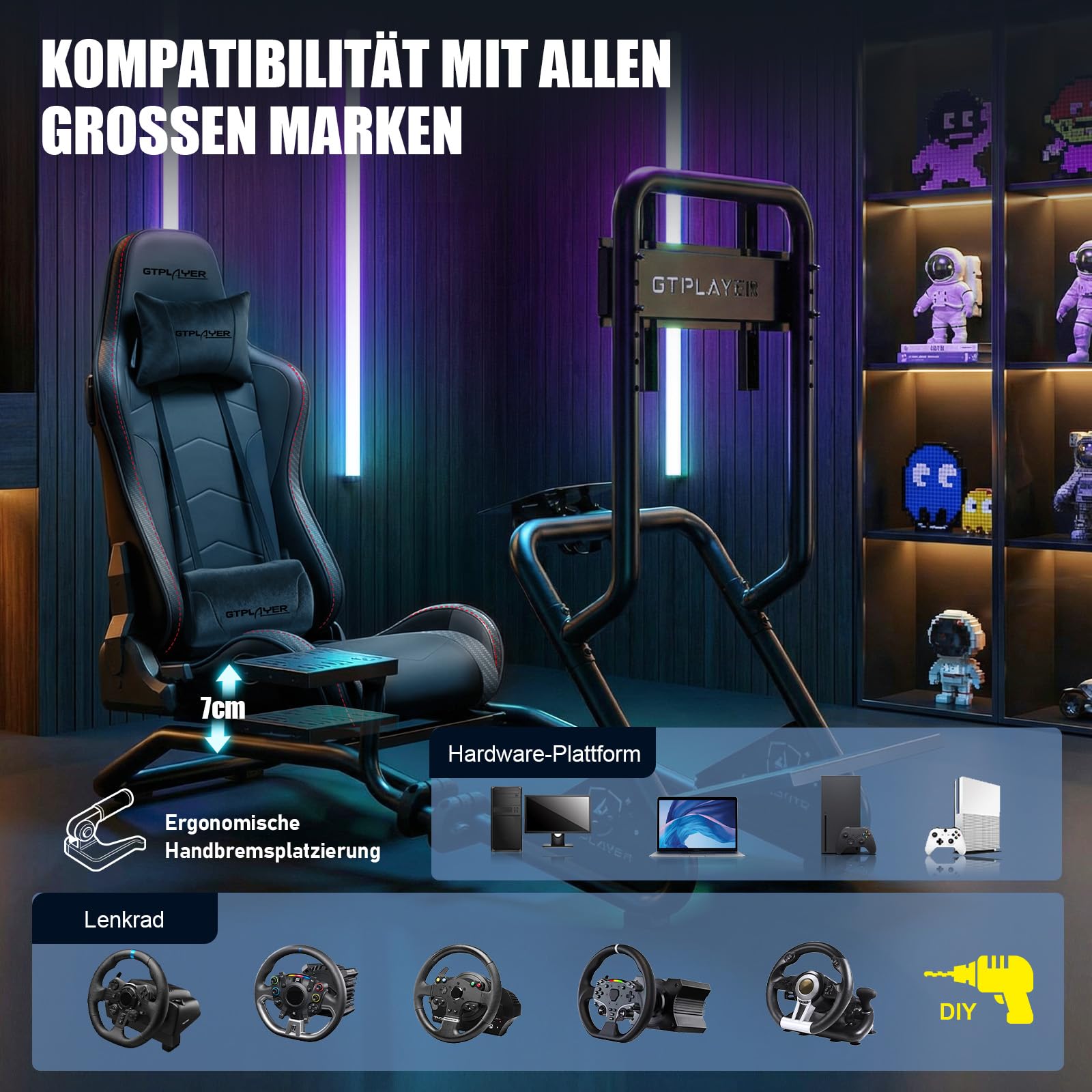GTPLAYER Simulator Cockpit Rennsimulator Lenkradständer mit 3D-Stereo-Lautsprechern, Monitorhalterung, verstellbarer Lenkradhalterung, Schalthebelhalterung und Fußpedalen (Schwarz)