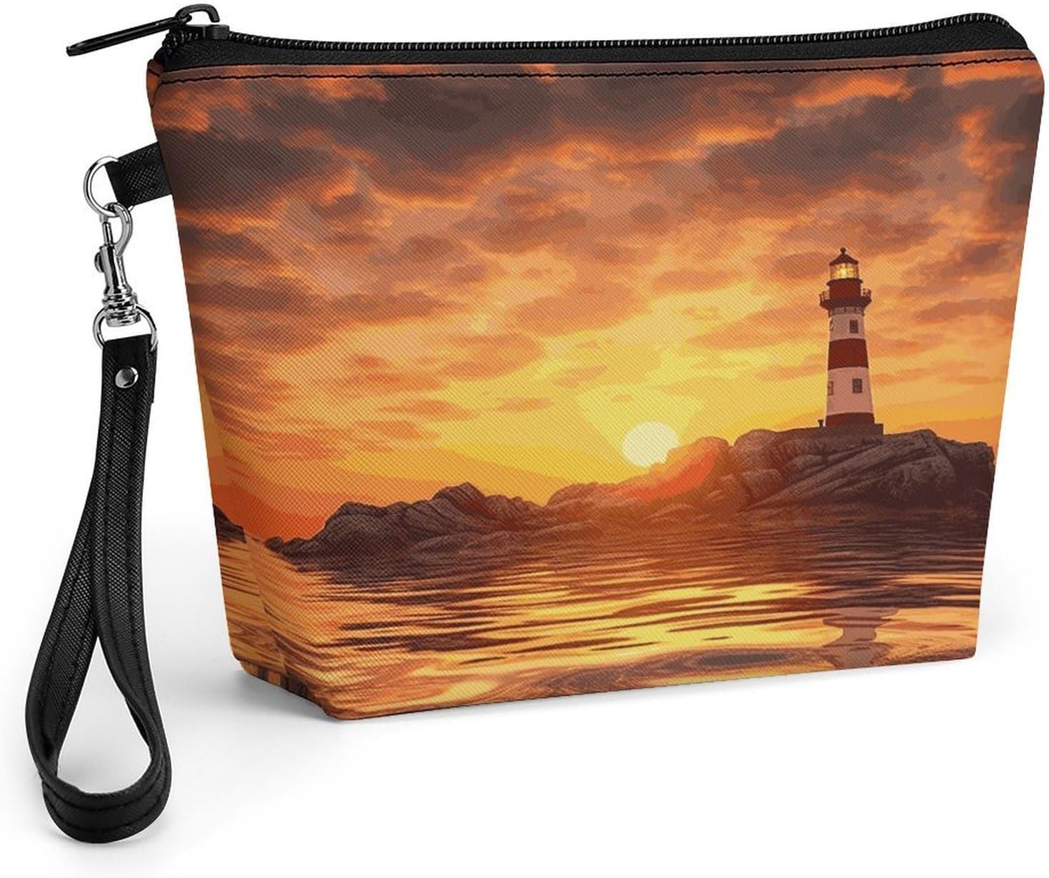 Sea Lighthouse in Sunset Makeup Bag Travelm,Large Capacity Cosmetic Bag for Women,Toiletry Bag with Handle for Skincare, Brushes & Travel Essentials