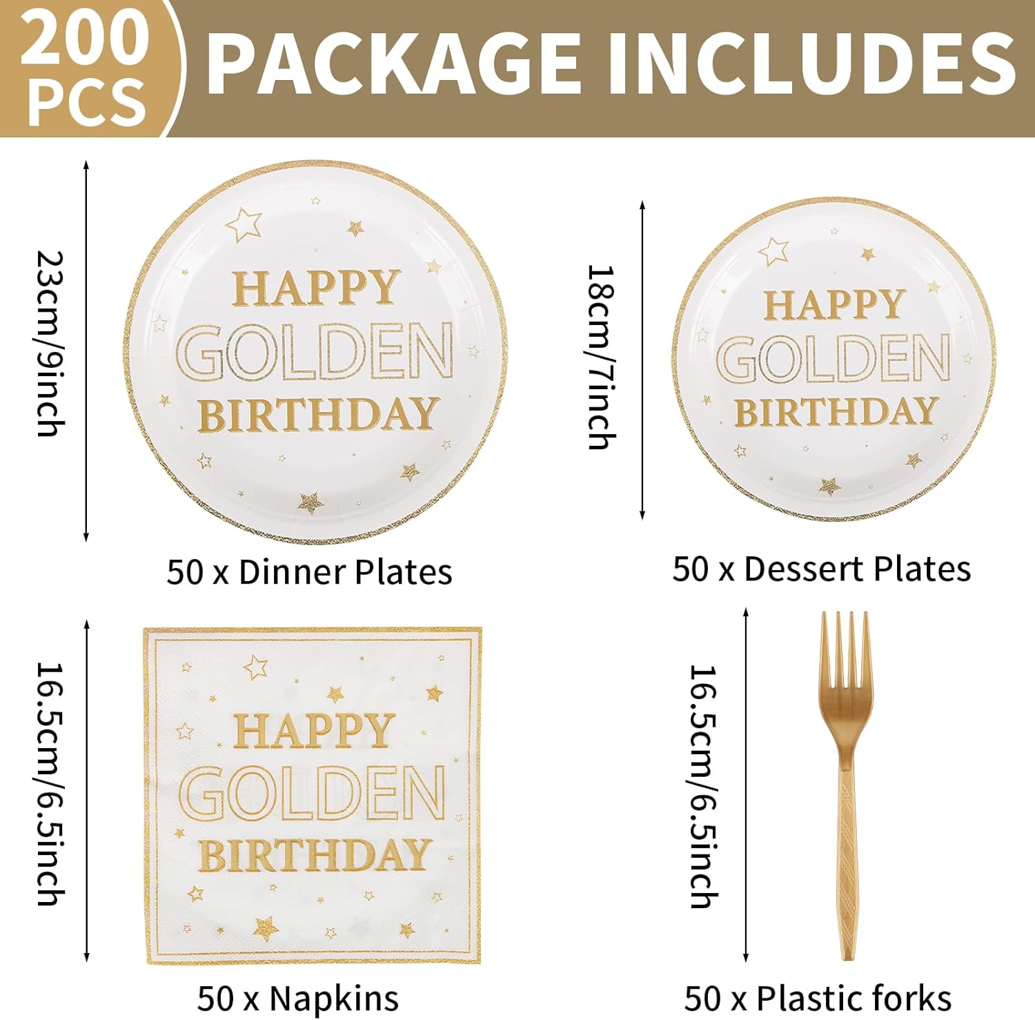 200 Pcs Happy Golden Birthday Party Plates Supplies,White Gold Birthday Party Paper Plates Napkins and Forks Kit for Gold Glitter Birthday Dessert Party Boy Girl Birthday Party Decoration,Serve 50