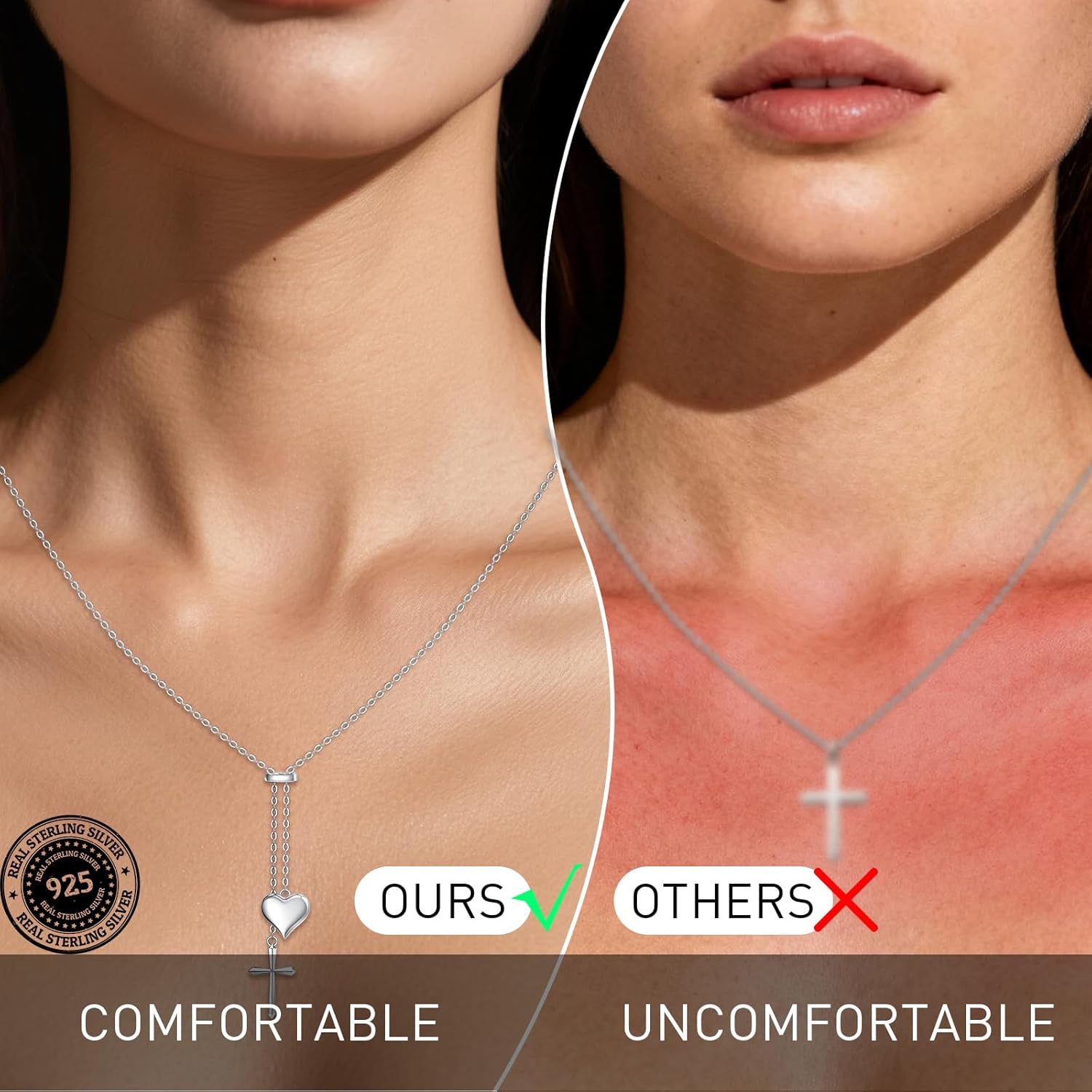 Fenthring Puffy Heart Cross Necklaces for Women Silver with Puffed Heart Pendant Charm 30 Inches Dainty 925 Sterling Silver - Image 7