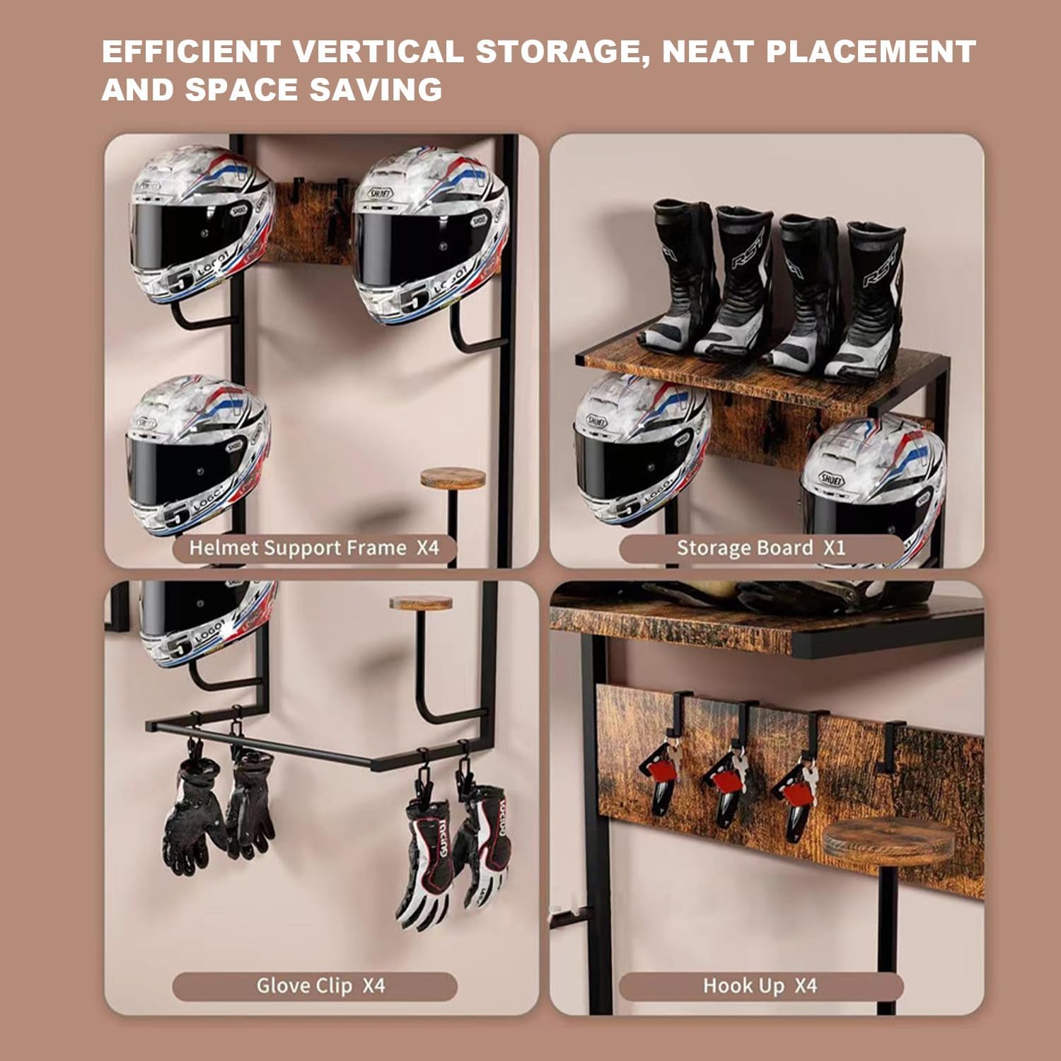 Motorcycle Helmet Holder Wall Mount, Helmet Rack with 4 Hat Stands 4 Gloves Clips & Hooks, Universal Motorcycle Accessories Organizer, Helmet Holder Wall Mount for Gear and Storage