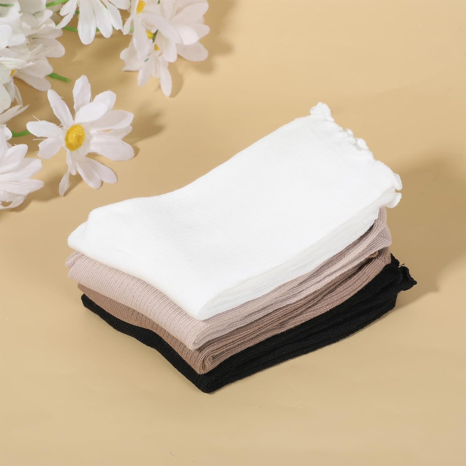 4 Pairs Womens Ruffle Socks, Cute Ruffle Frilly Turn Cuff Ankle Socks Breathable Knit Crew Sock Casual Solid Cotton Warm Sock for Women Girls - Image 7