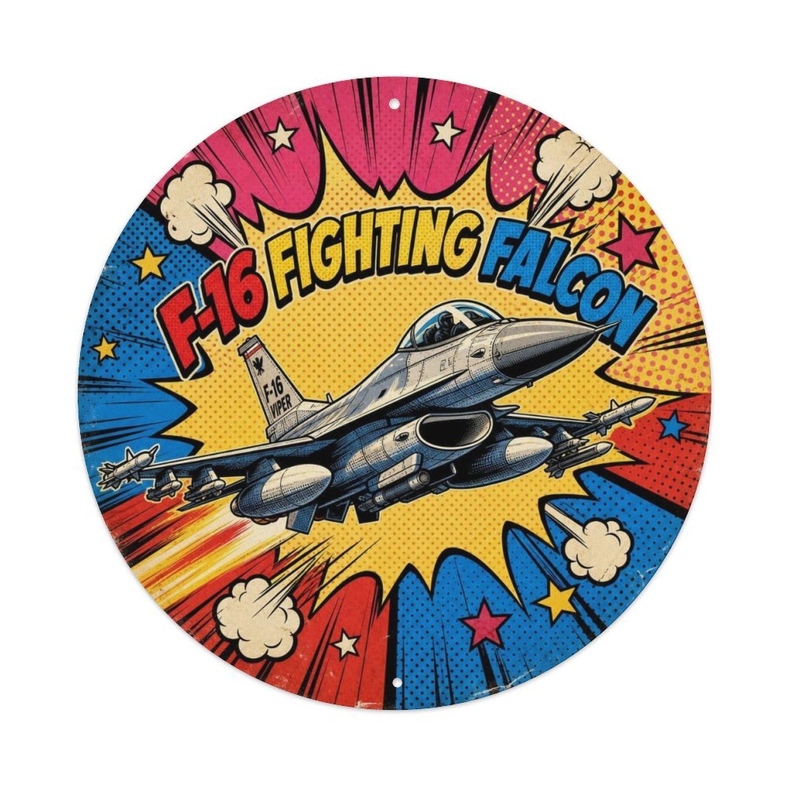 Fighter Jet F-16 Fighting Falcon Pop Color Classic Metal Tin Sign Plaque Wall Decor for Cafe, Man Cave, Club Bar, Office, Home Garden Round Metal Poster 8x8Inch