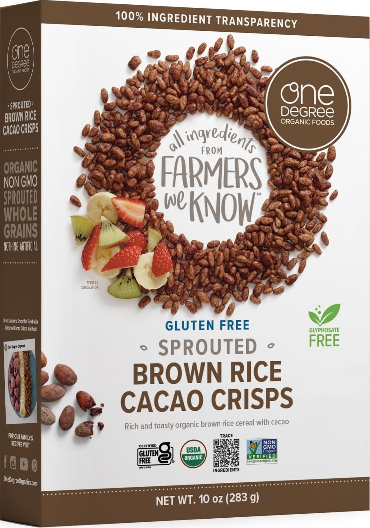One Degree Organics Sprouted Brown Rice Cacao Crisps Cereal, 10oz | Glyphosate-Free, USDA Organic, Gluten-Free, Non-GMO, Vegan, Whole Grain Chocolate Breakfast Cereal, Yogurt Topping, Snack