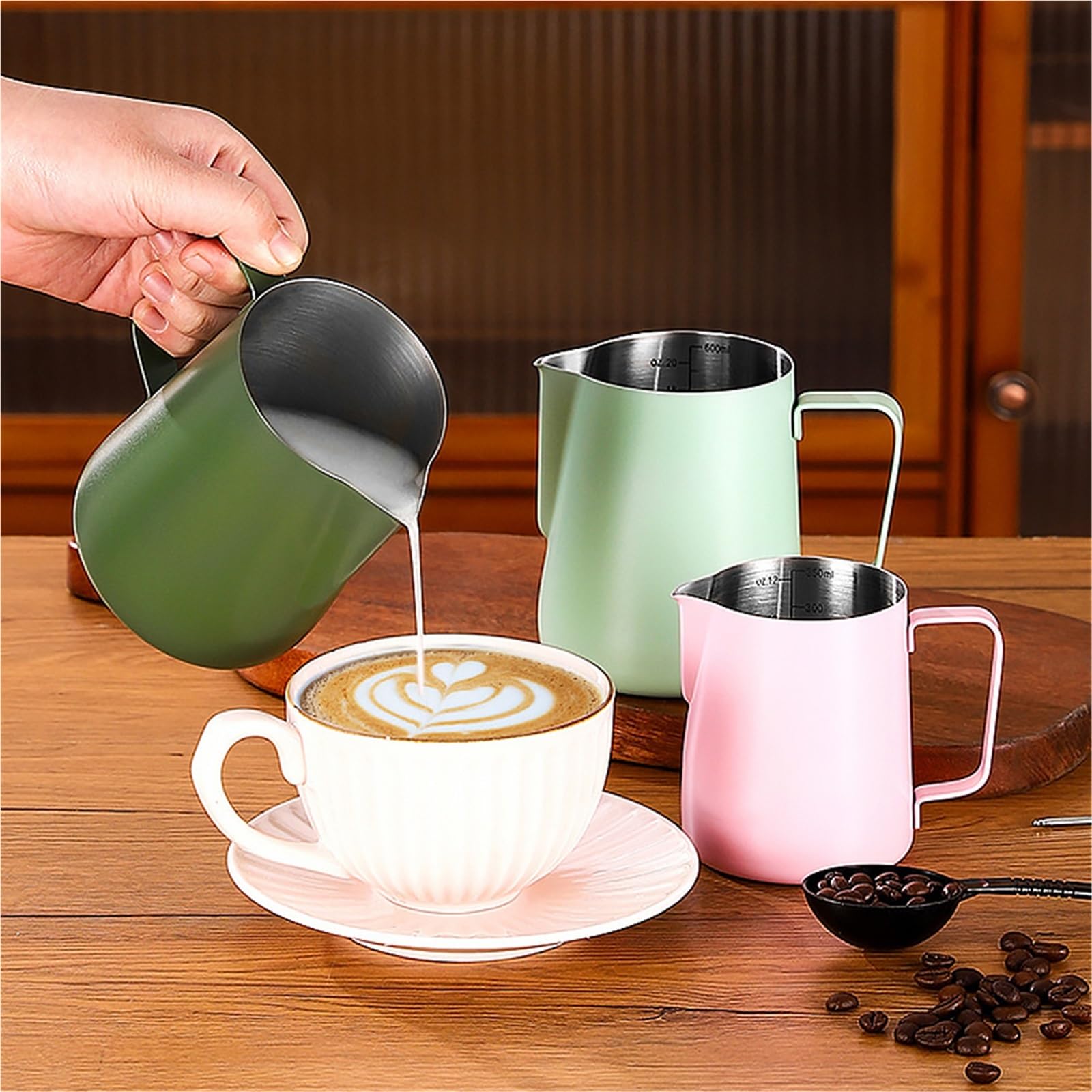 Jarra for espumar café con leche, 2 uds., Latte Art, Espumador de, jarra medidora acero inoxidable, herramienta Espresso Barista, accesorios Para café(Silver,350ml)