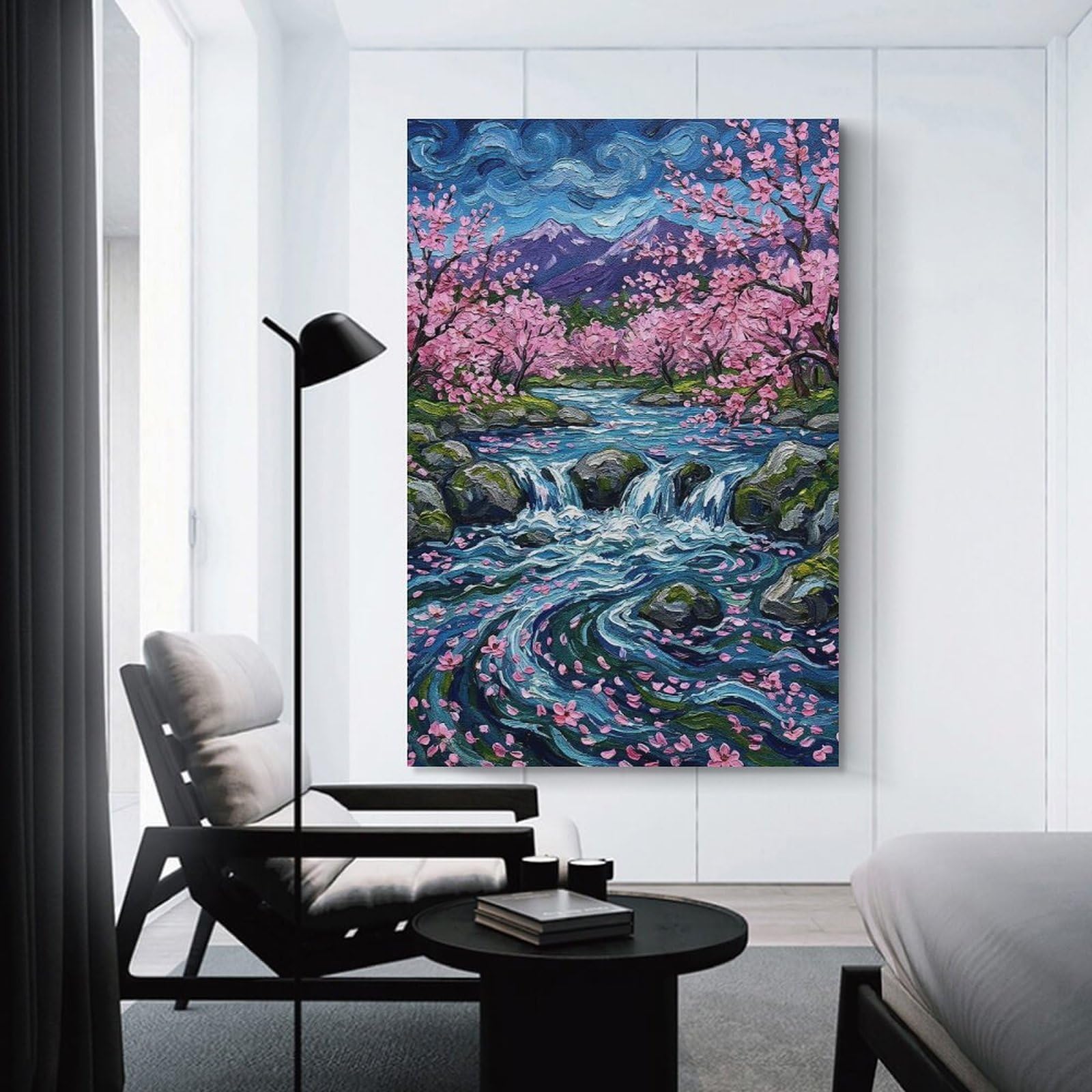Junmoney Cherry Blossom River Landscape Painting Decorative Canvas Print, 24x36inch(60x90cm), for Home, Office, Studio Or Guest Room, Canvas Wall Art That Fits Changing Layouts