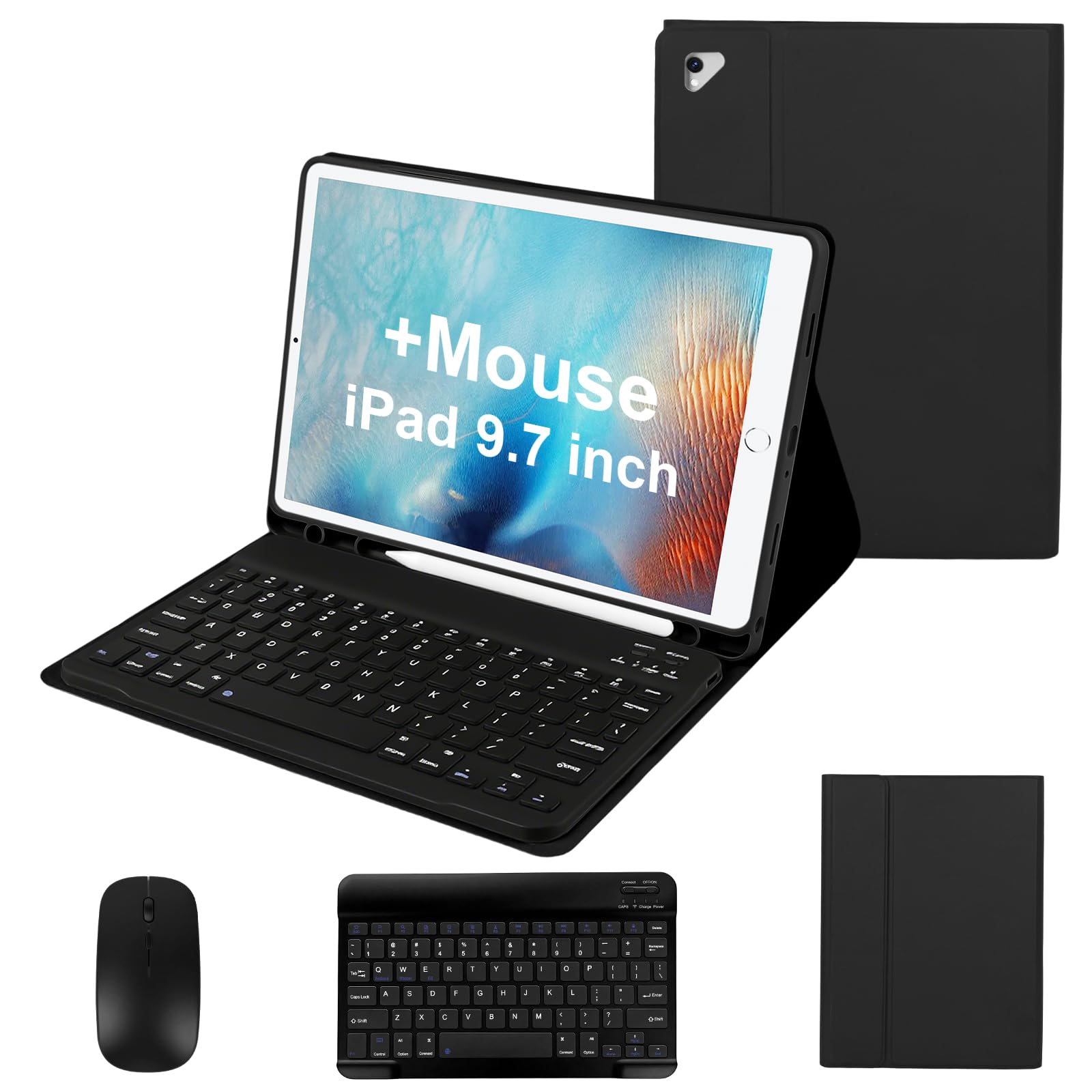 For iPad Pro 9.7 inch Case with Keyboard and Mouse for iPad 2018 (6th Gen)/ 2017 (5th Gen), Keyboard Case with Mouse for 2016 iPad Pro/Air 2/1, Detachable Wireless Keyboard Cover with Pencil Holder,PK