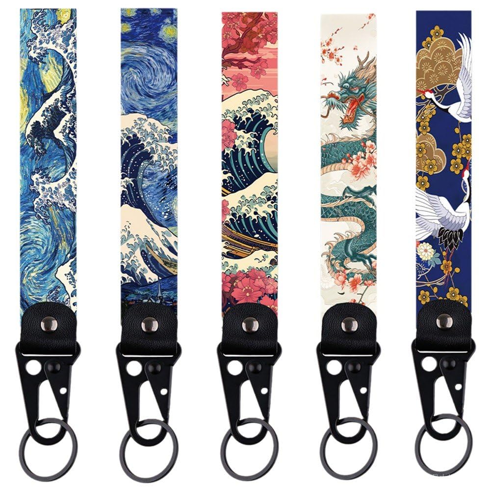 Luxylei As Shown 5Pcs Japanese Style Waves Keyring Fabric Embroidered Tag Key Ring Personality Keychain For Motorcycles Bike Auto Parts Key Chain